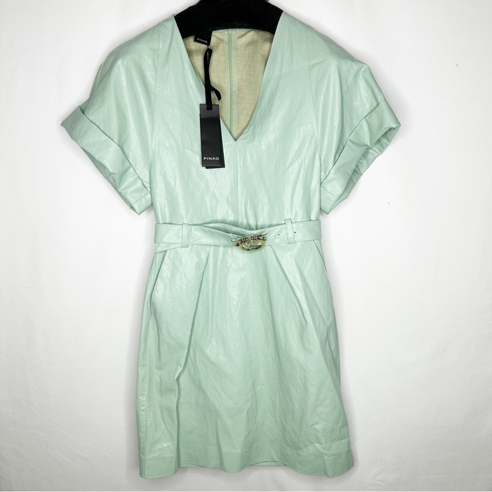 PINKO Green V-Neck Mini Dress Vegan Leather NWT in Size IT38 (XS)