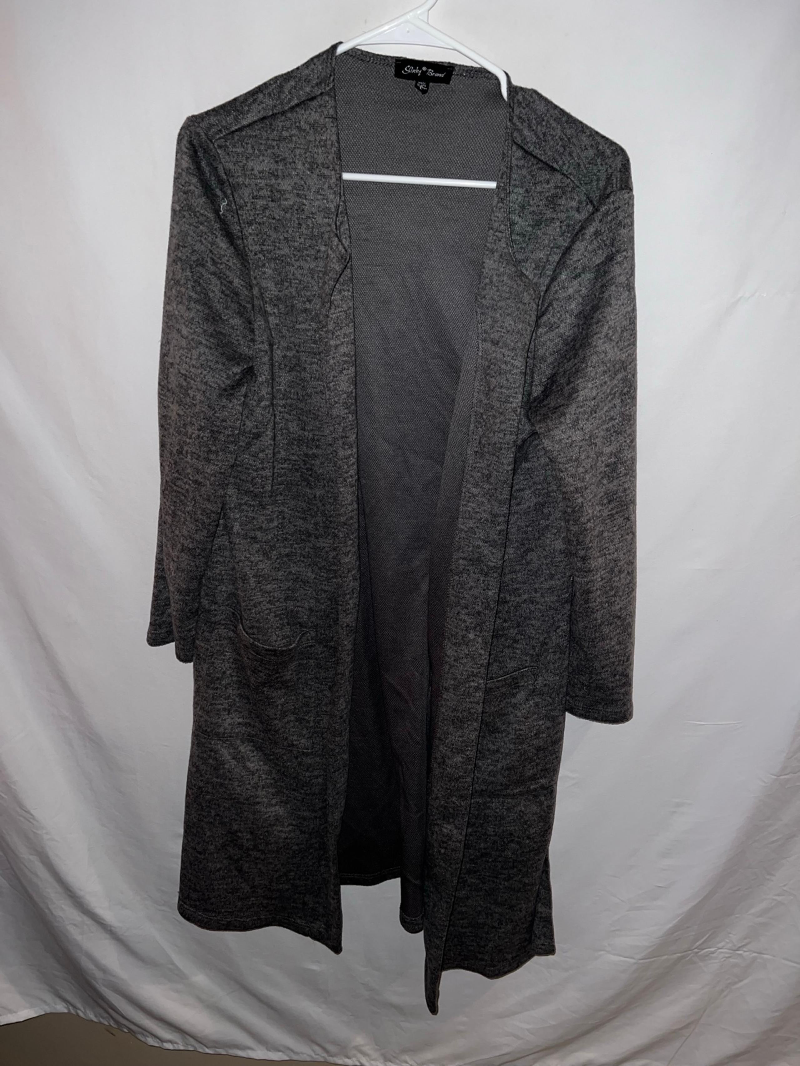 Ladies Lg Slinky Brand gray polyester rayon spandex long open cardigan sweater