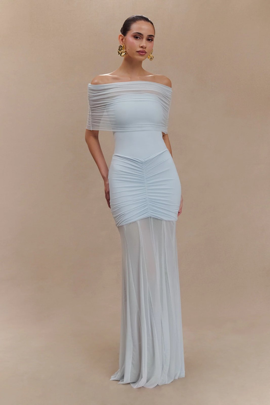 Meshki Caspian Slinky And Mesh Off Shoulder Maxi Dress - Pale Blue size small