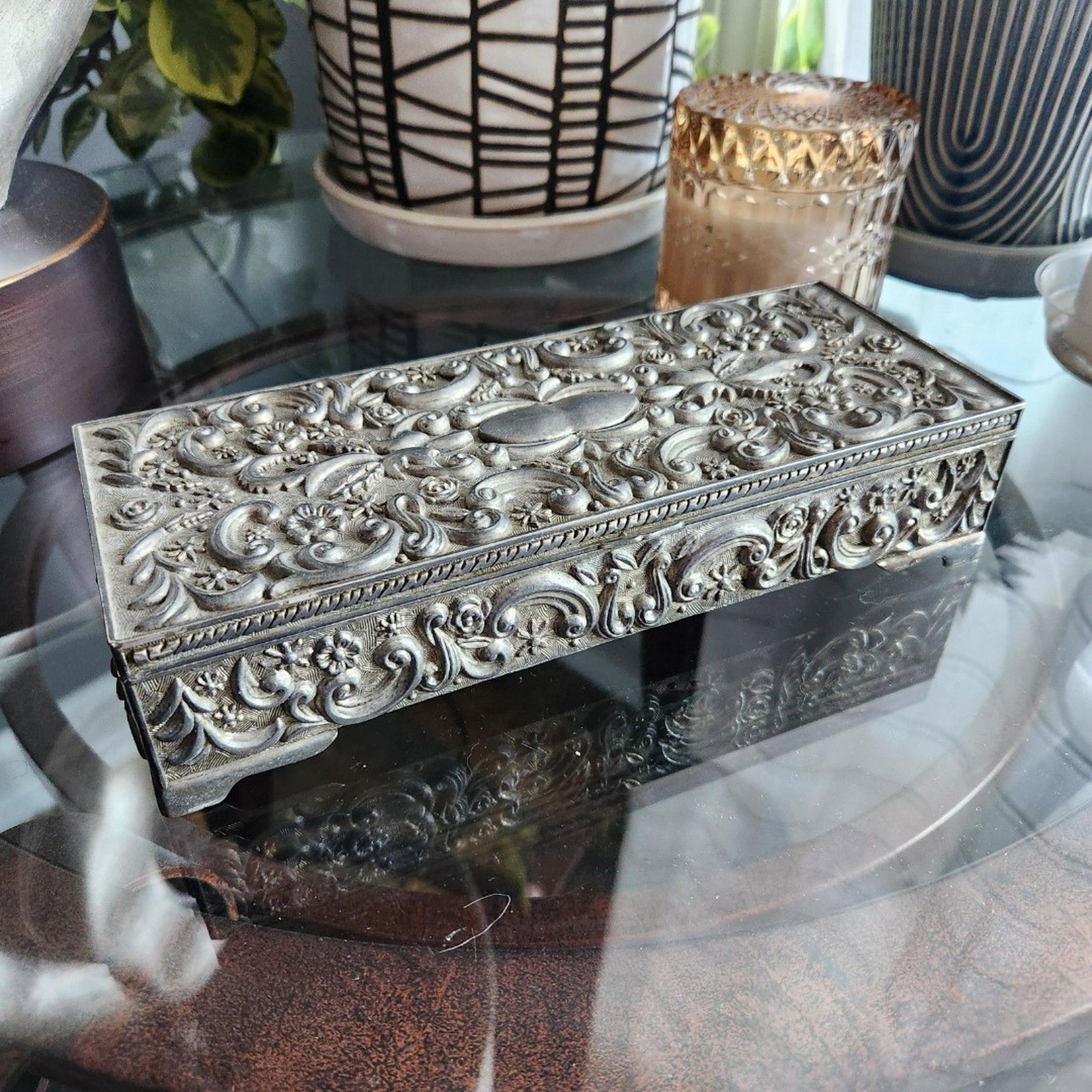 1992 GODINGER SILVER Jewelry Box Heavy 9"X3-7/8" Floral Vine High Relief Cottage