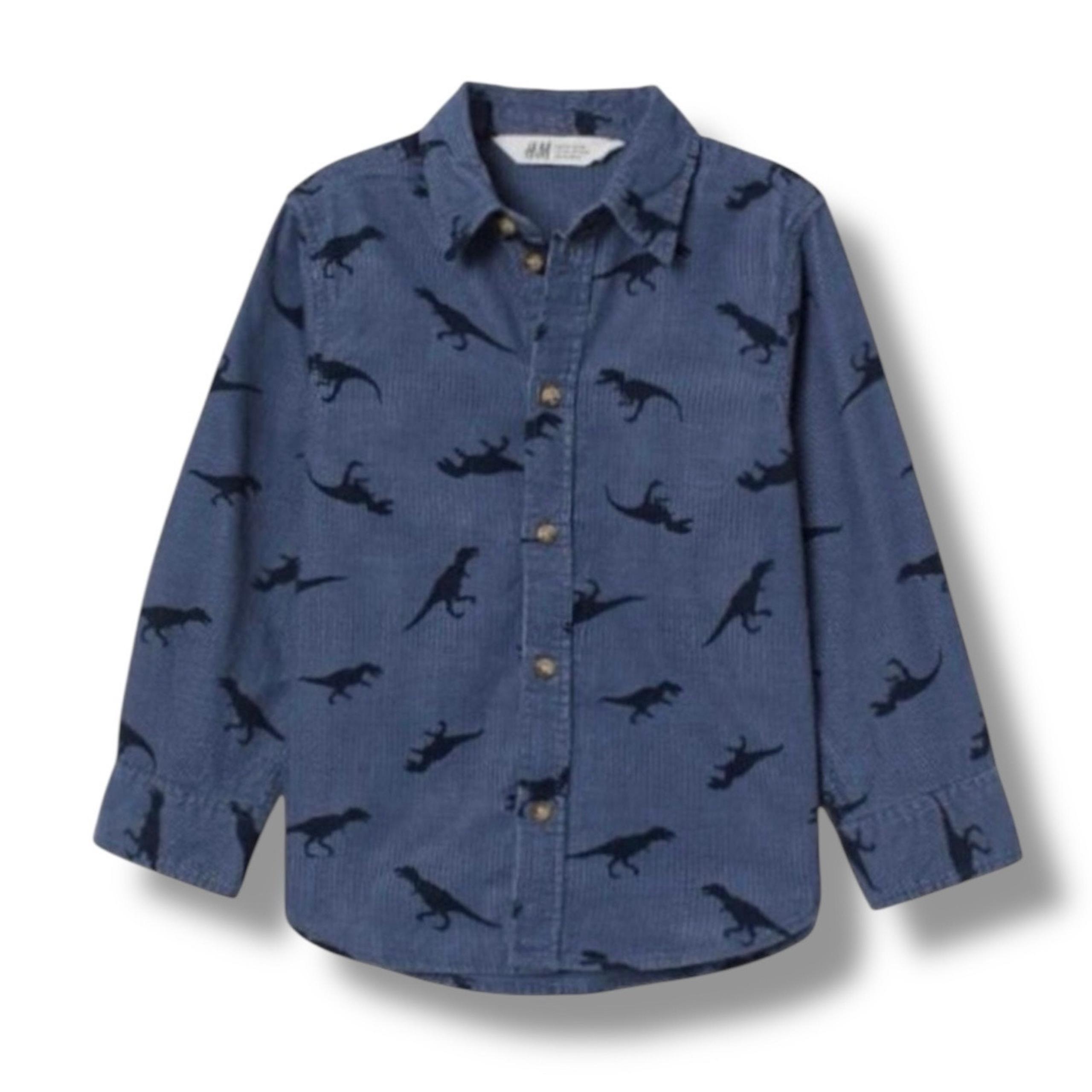 H&M Boys Corduroy Button Down Shirt 2-3Y Blue Dinosaur Print Long Sleeve Casual