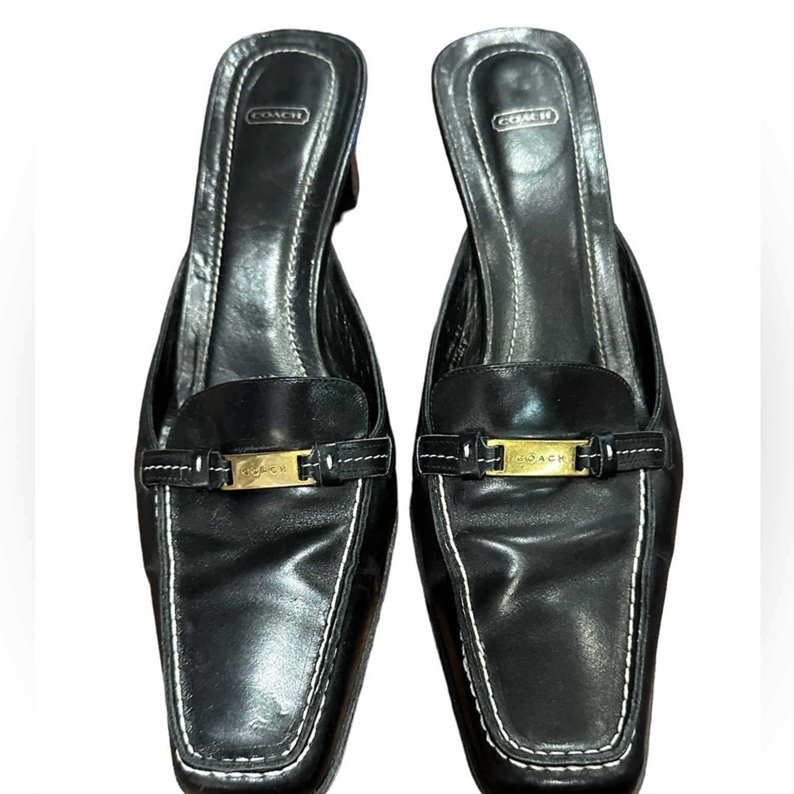 Coach Womens Size 7 Black Leather Mules with Gold Logo Tag Shoes