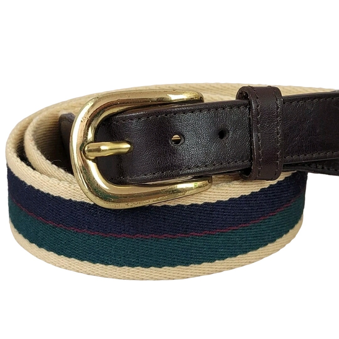 Brahmin Mens Belt 40 Webbed Cotton Leather Ends Brass Buckle Navy Green Burgundy