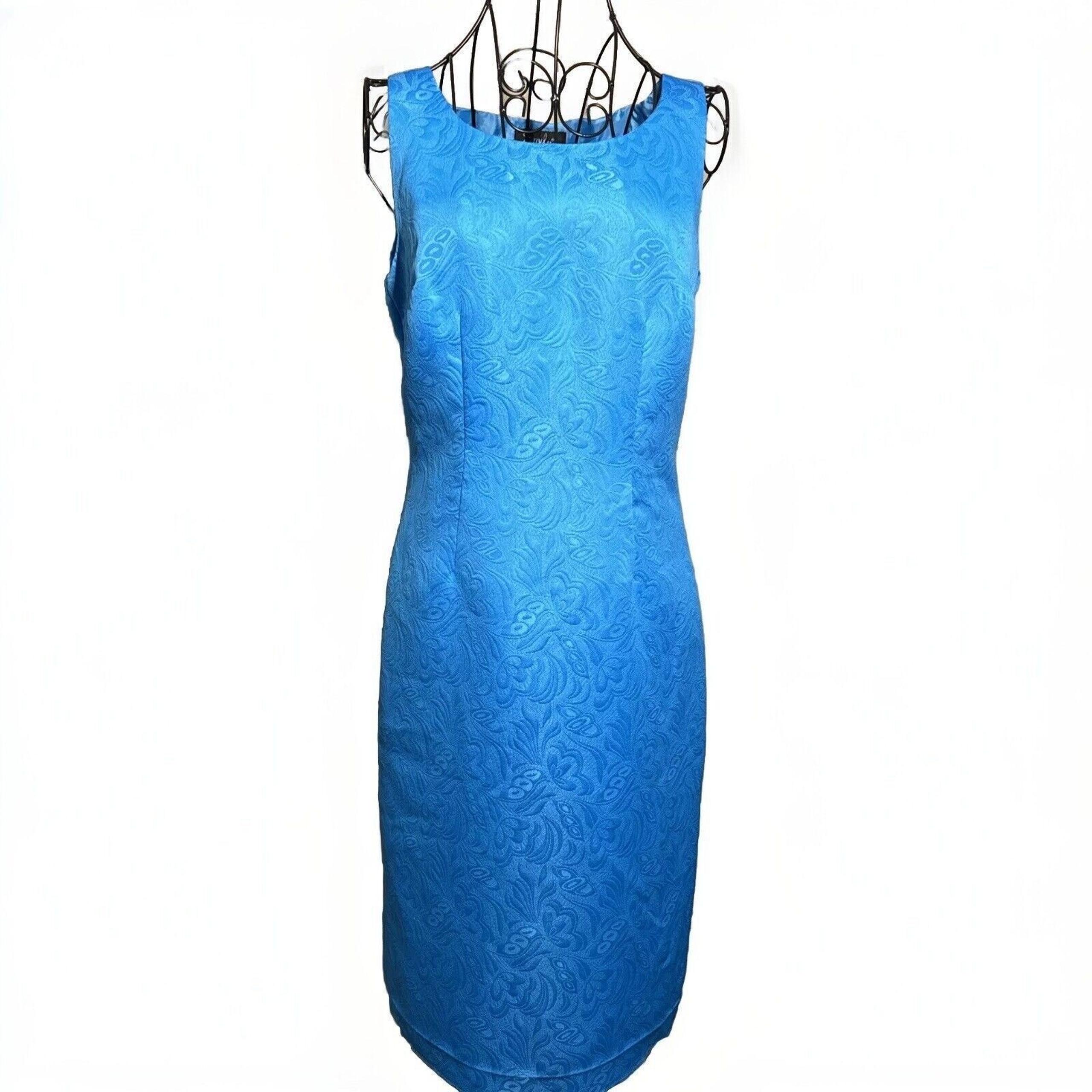 Emily Women's Blue Damask Sleeveless Lined Designer Cocktail Dress Sz 6 READ
