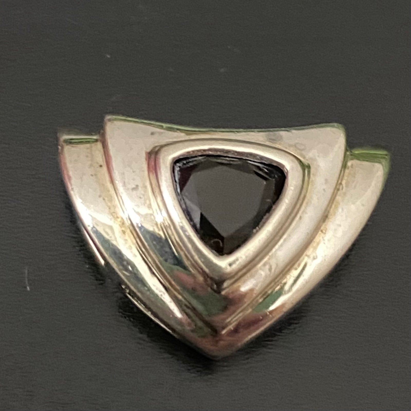 Vintage CID 925 Signed Sterling Silver Smoky Quartz Trillion Cut CZ Pendant 5g.