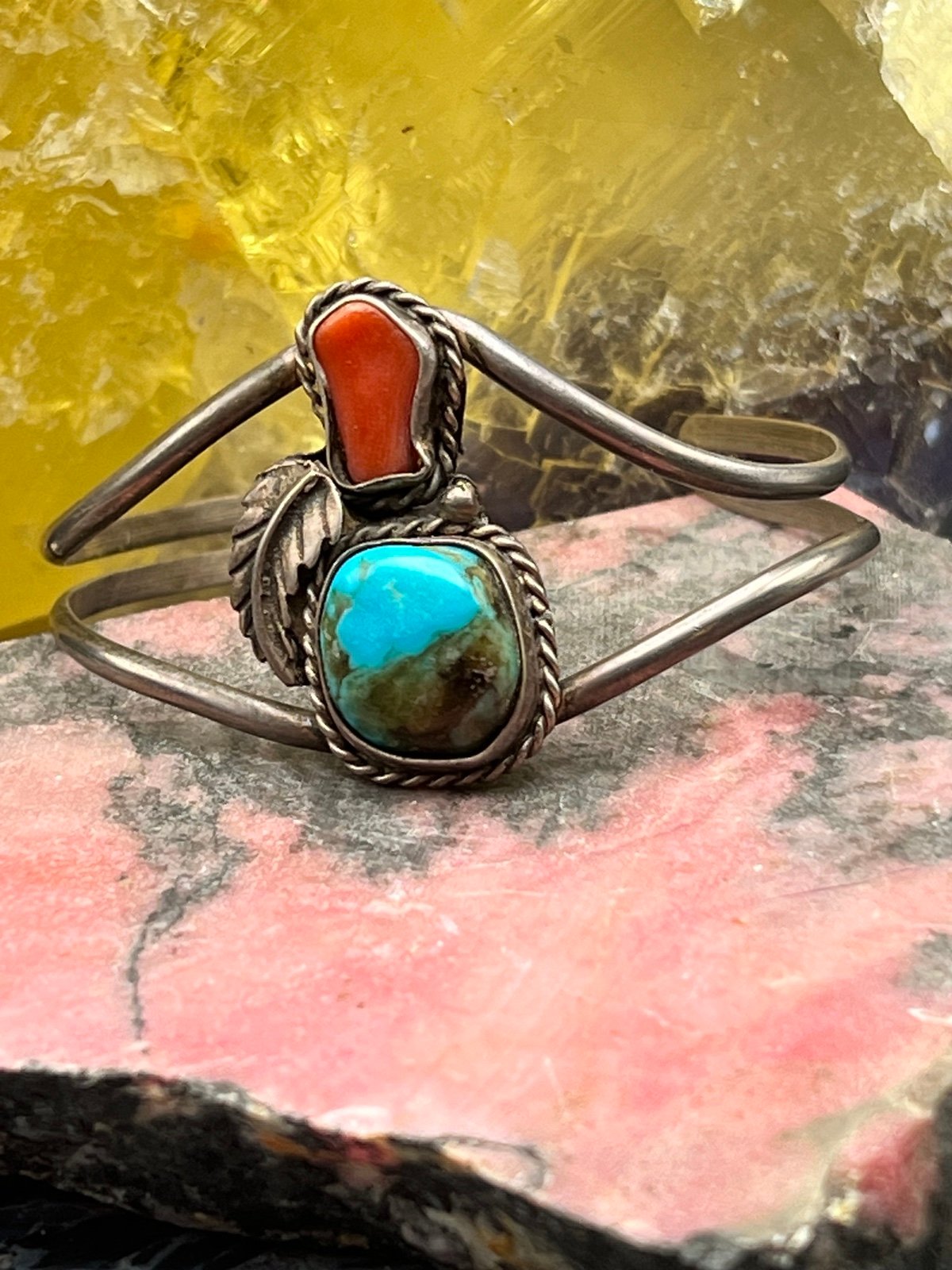 Vintage Native American Turquoise and Coral Cuff Signed