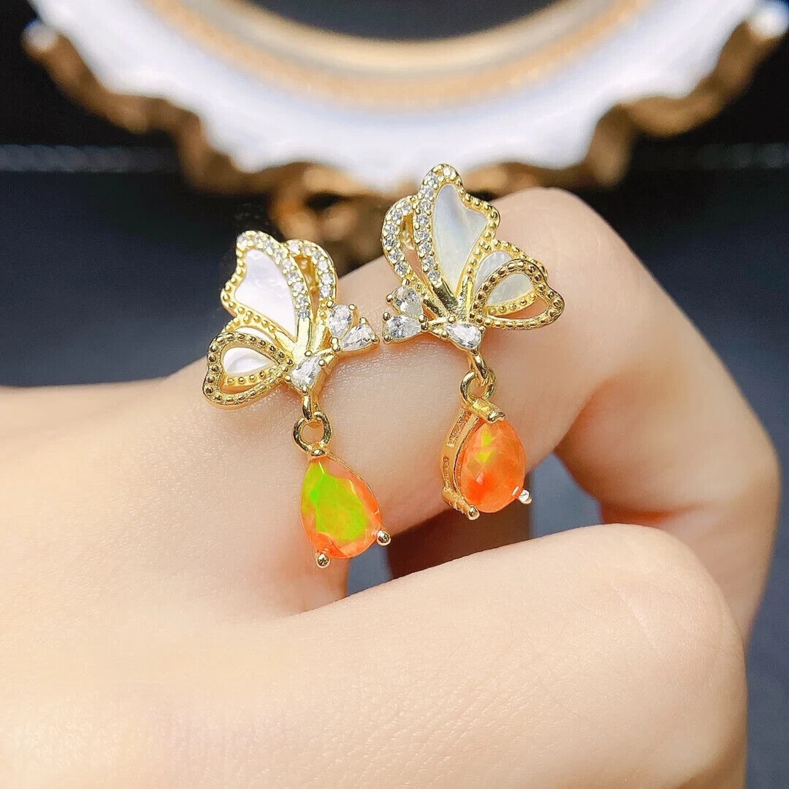 Orange Fire Opal Pear Statement Earrings 5x7mm, Orange Opal Earrings