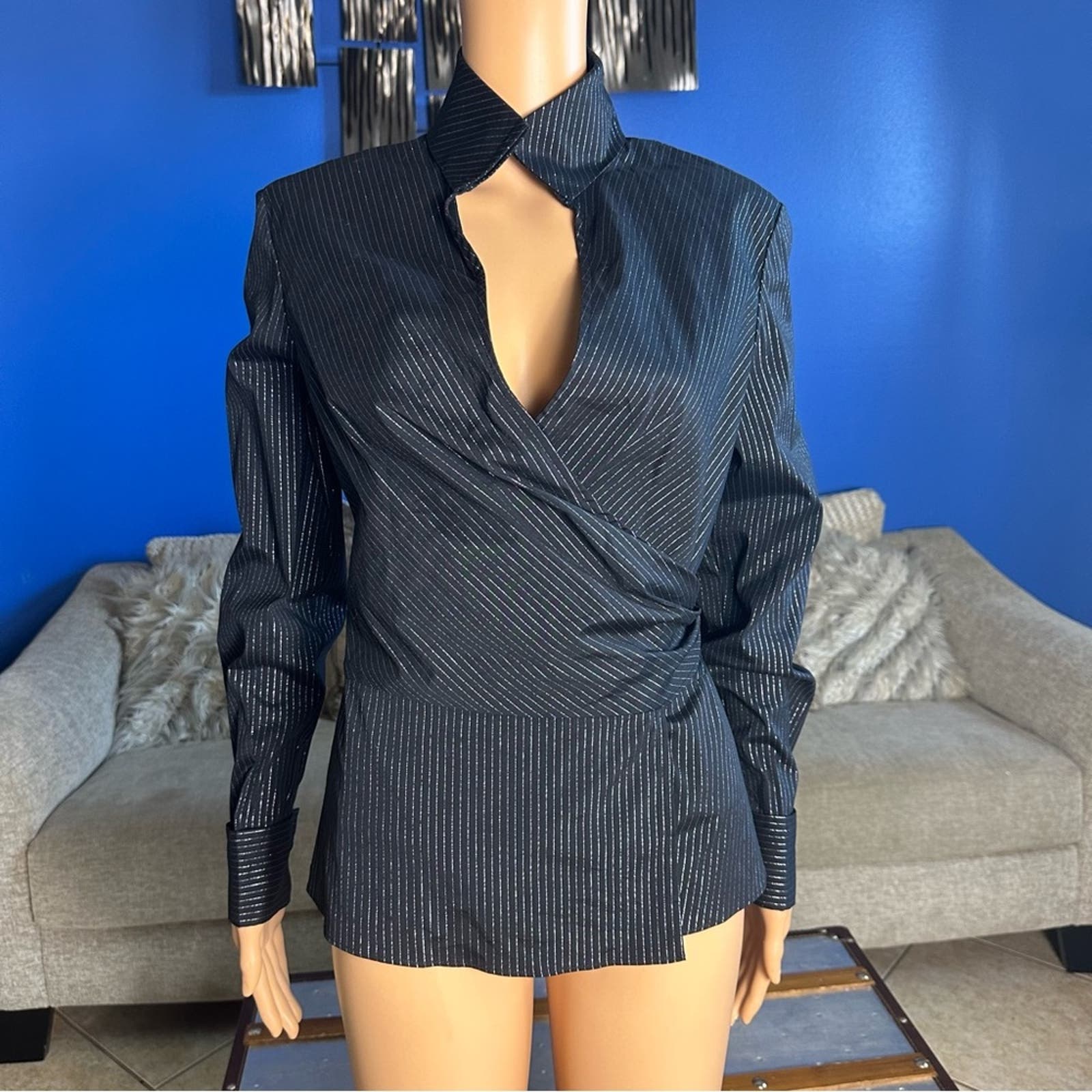 Lafayette 148 New York Pin Striped French Sleeve Blouse