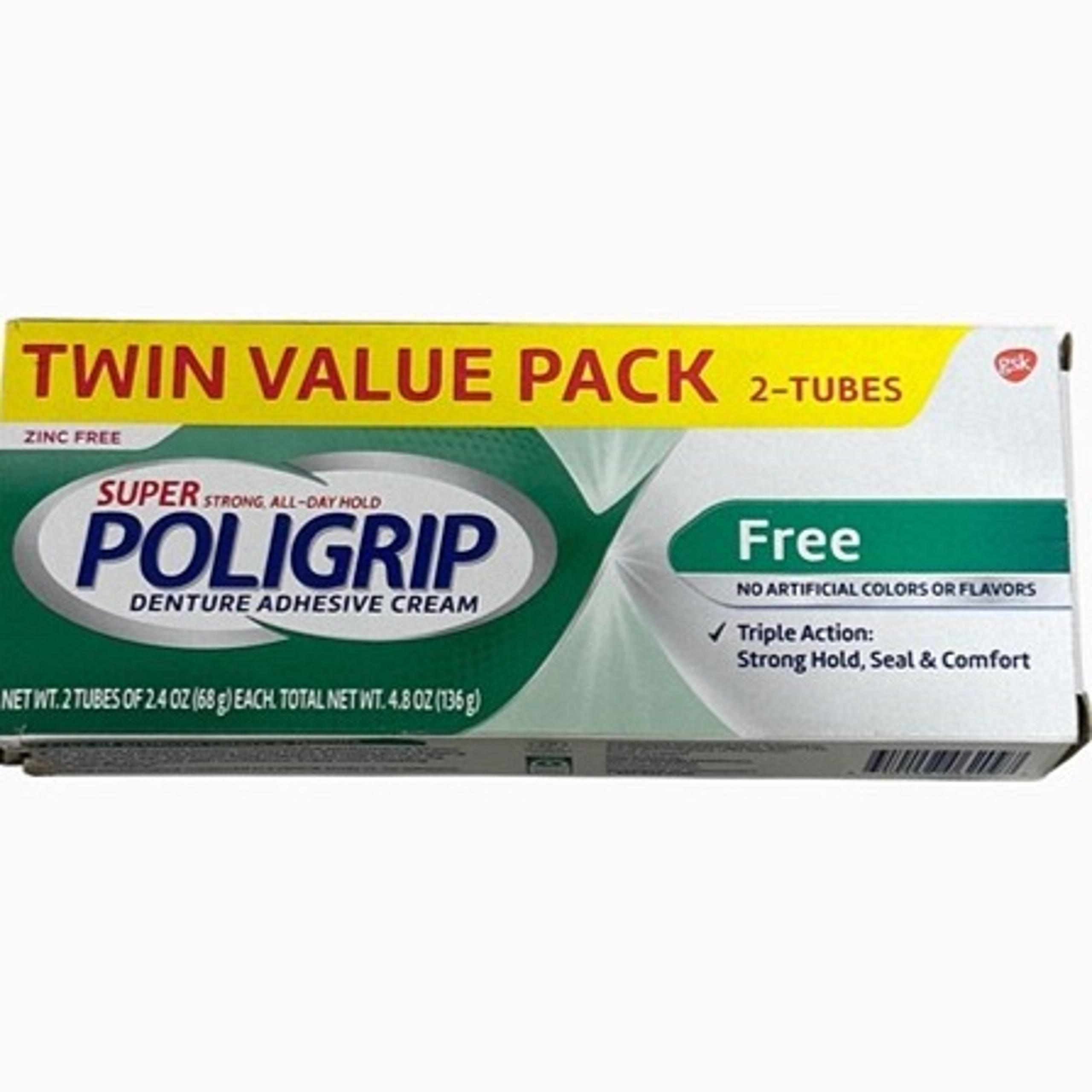 Poligrip Denture Adhesive Cream Twin Value Pack 2 Tubes 2.4 Oz Each Zinc Free
