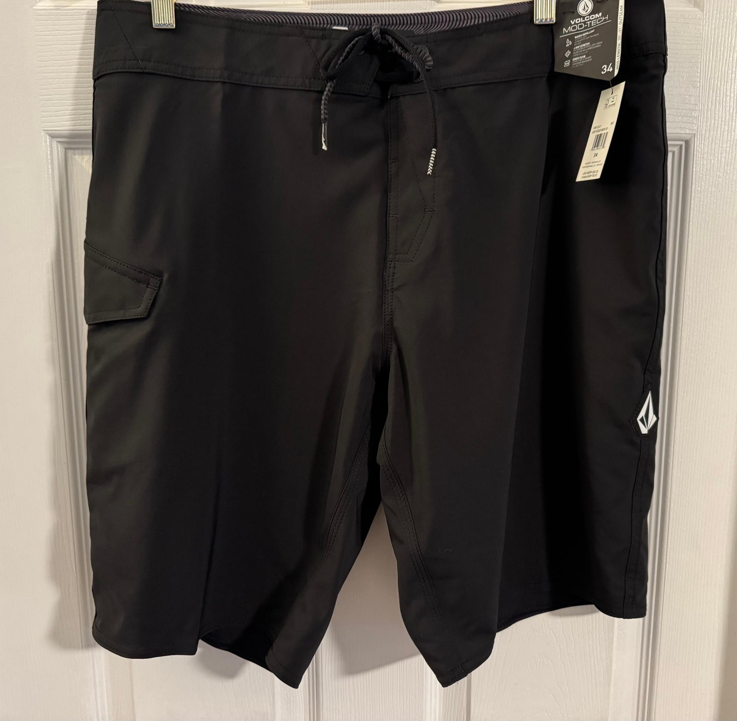 ☀️ NWT Volcom Board Shorts Mens Size 34 Black Mod Tech Trunks Drawstring ☀️