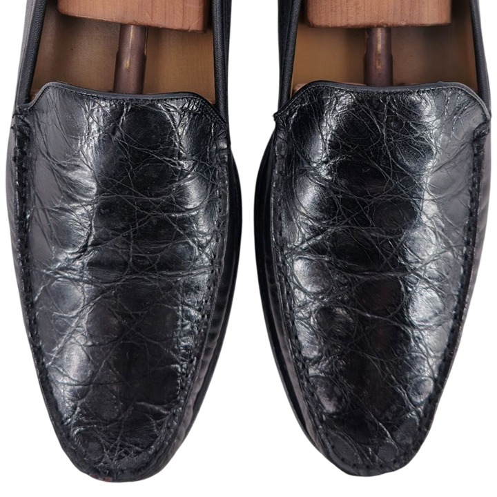 Mezlan Exotic Black Crocodile Vamp Calfksin Dress Shoes Mens 12 Venetian Loafers