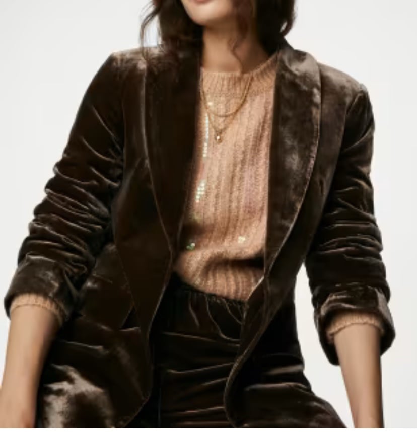 Loft Brown Velvet Cropped One Button Waist Peplum Elegant Blazer 0