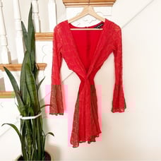 For Love & Lemons Silk Lace Overlay Dress Red Side Cutouts Long Sleeve V-Neck S