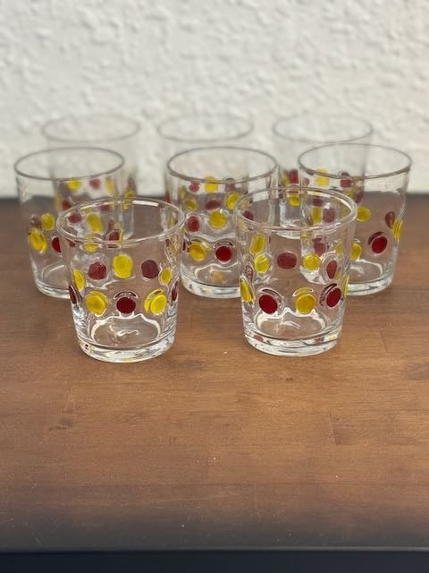 8 - MCM Carlo Moretti Style Italian Red and Yellow Polka Dotted Whiskey glasses