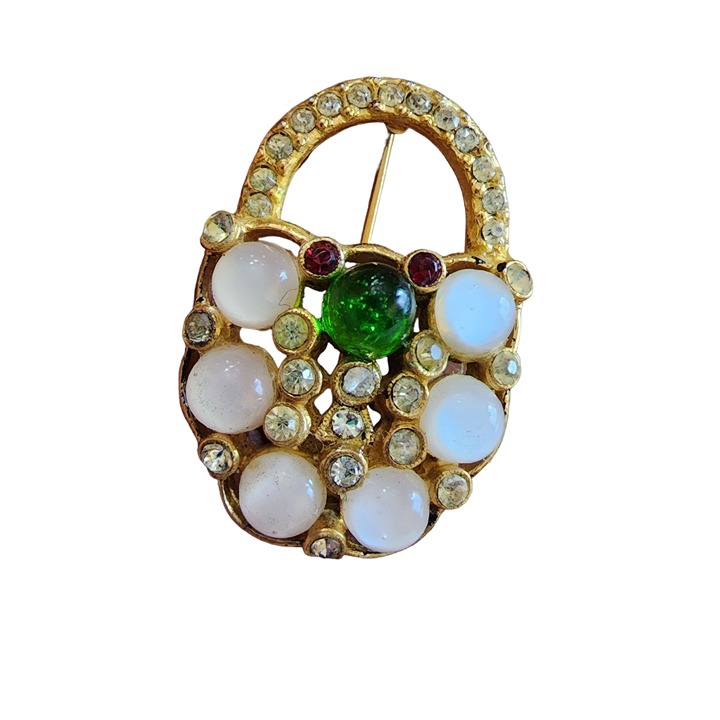 Vintage Glass Moonstone Lock Brooch (A1604)