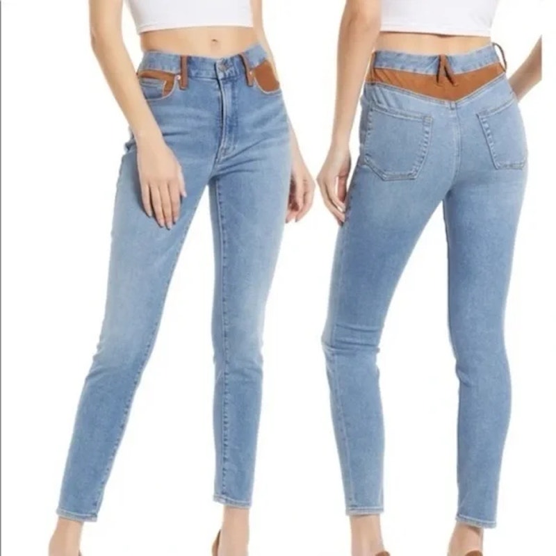 Good American Jeans Women's Size 2/26 Skinny Leg Suede Indigo Med Wash Denim NWT