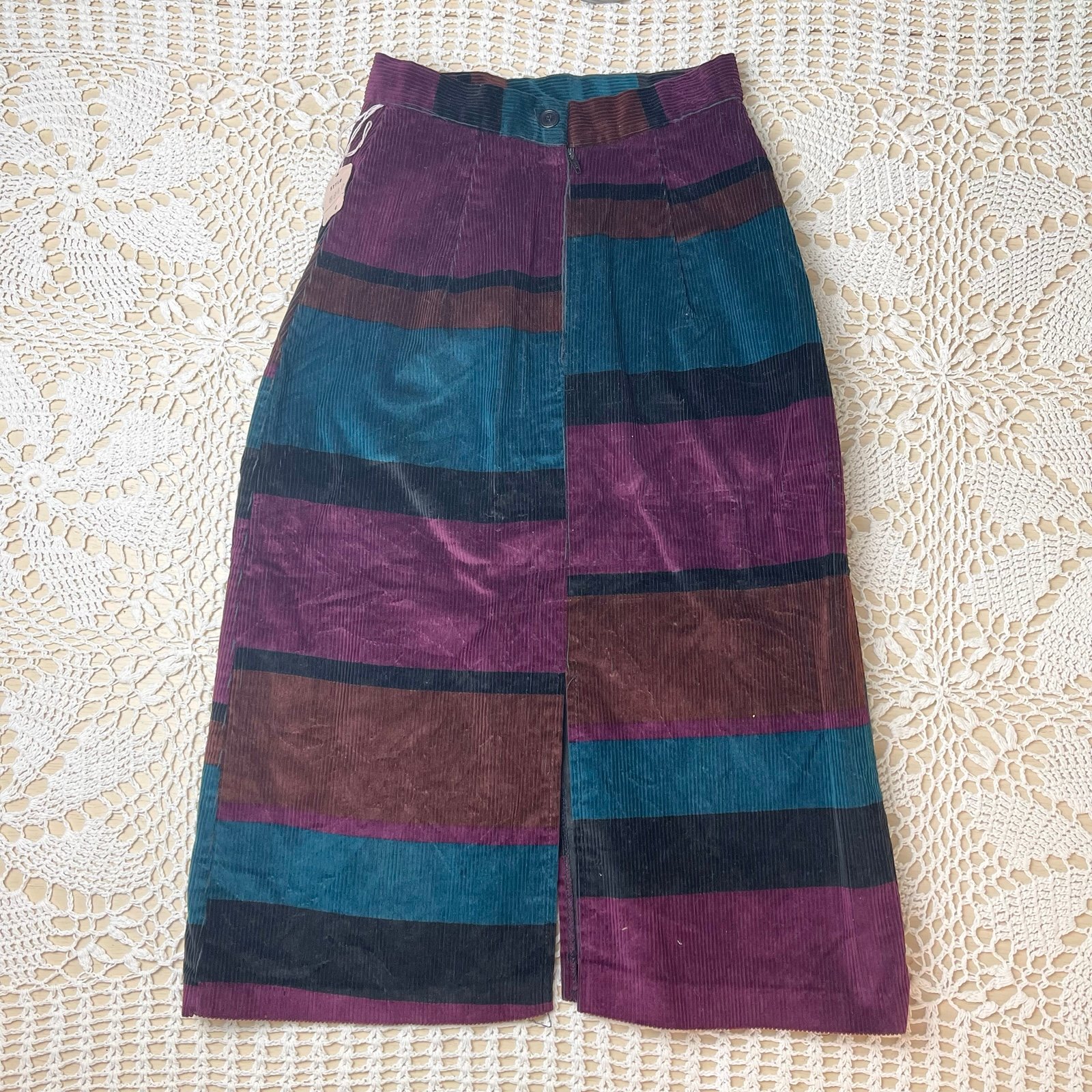 Vintage 1970s Pam Sloane Girls 8-9 Jewel Tone Corduroy Colorblock Maxi Skirt