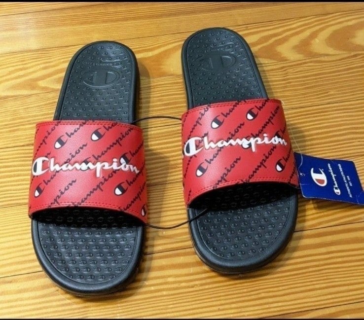 Champion Red, Black, & White Repeated Logo Slides for Men, Size 13, NWT