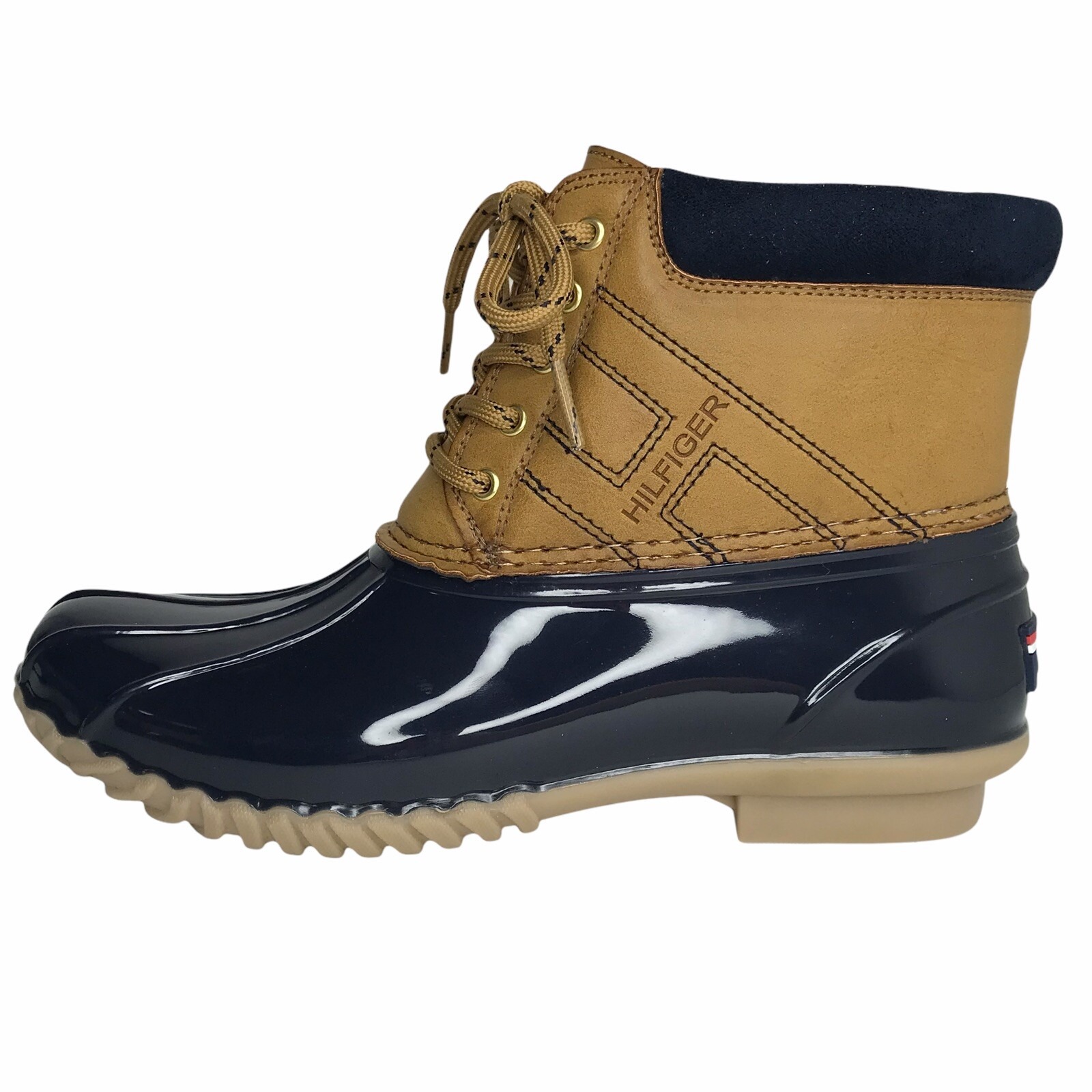 Tommy Hilfiger Womens Lined Duck Boots Size 7 Navy Blue -Brown Faux Fur Warm