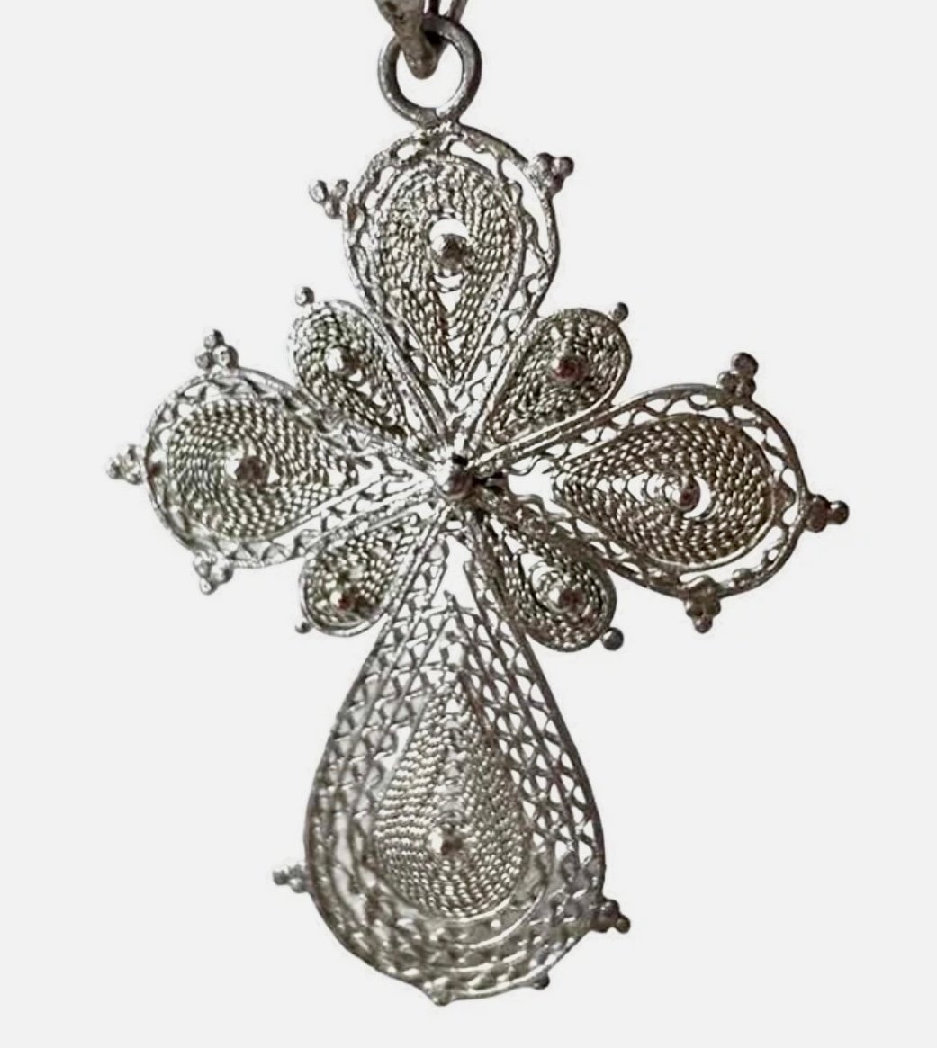 Vintage Sterling Silver Filigree Cross Pendant Ornate Teardrop Design