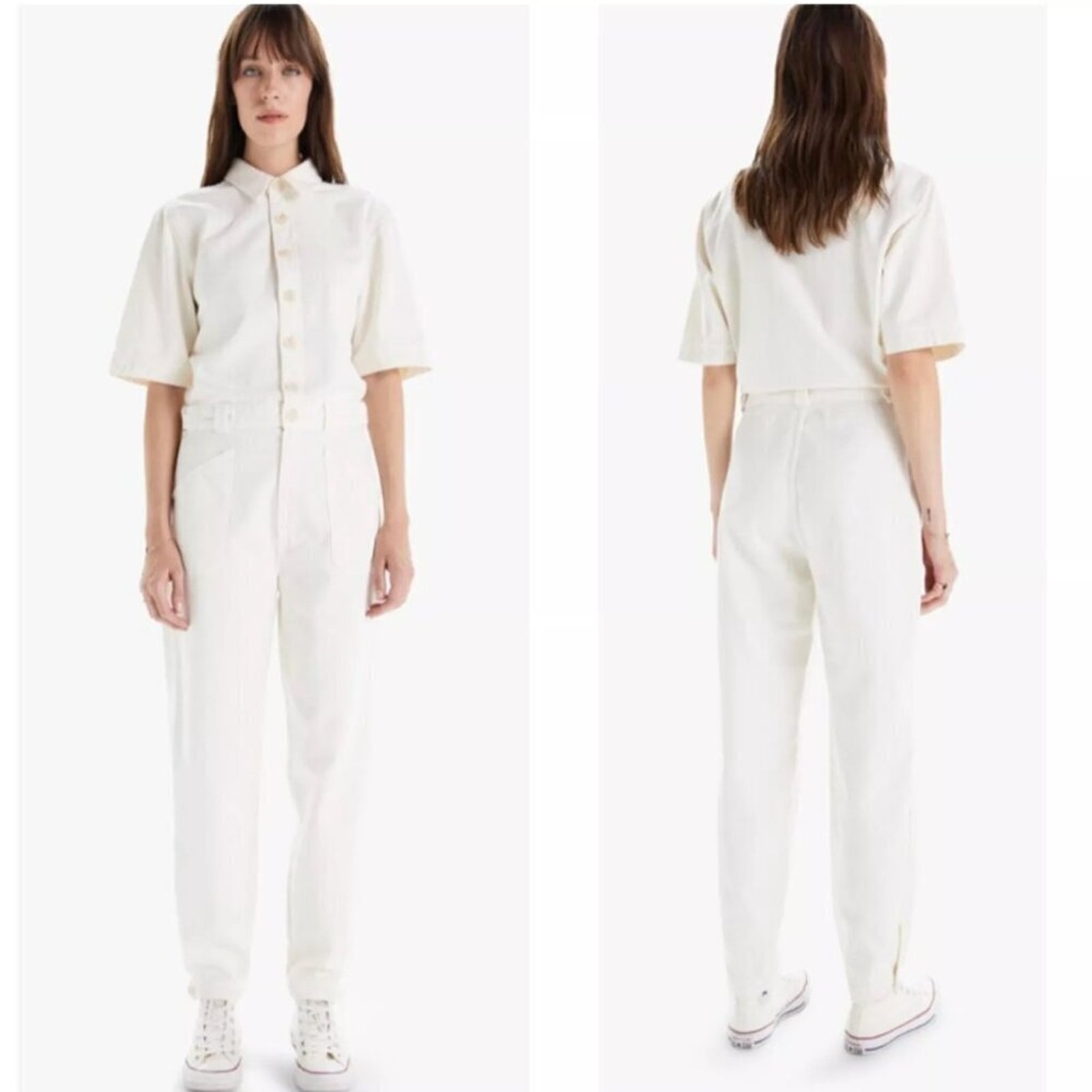 Mother The Elbow Grease Jumpsuit Button Front Short Sleeve Flood Ivory Size S