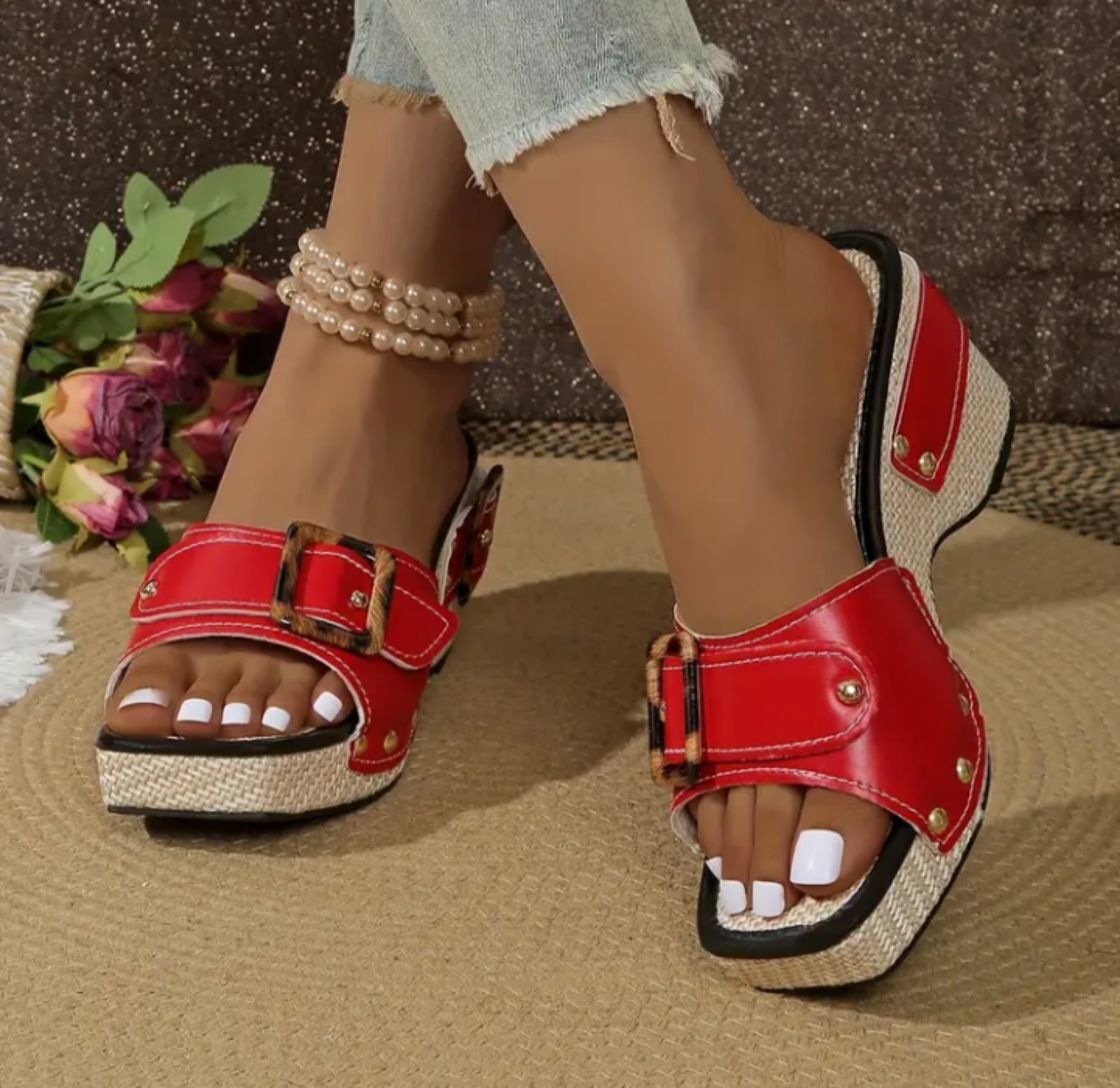 Stylish Women's Red Wedge Sandals