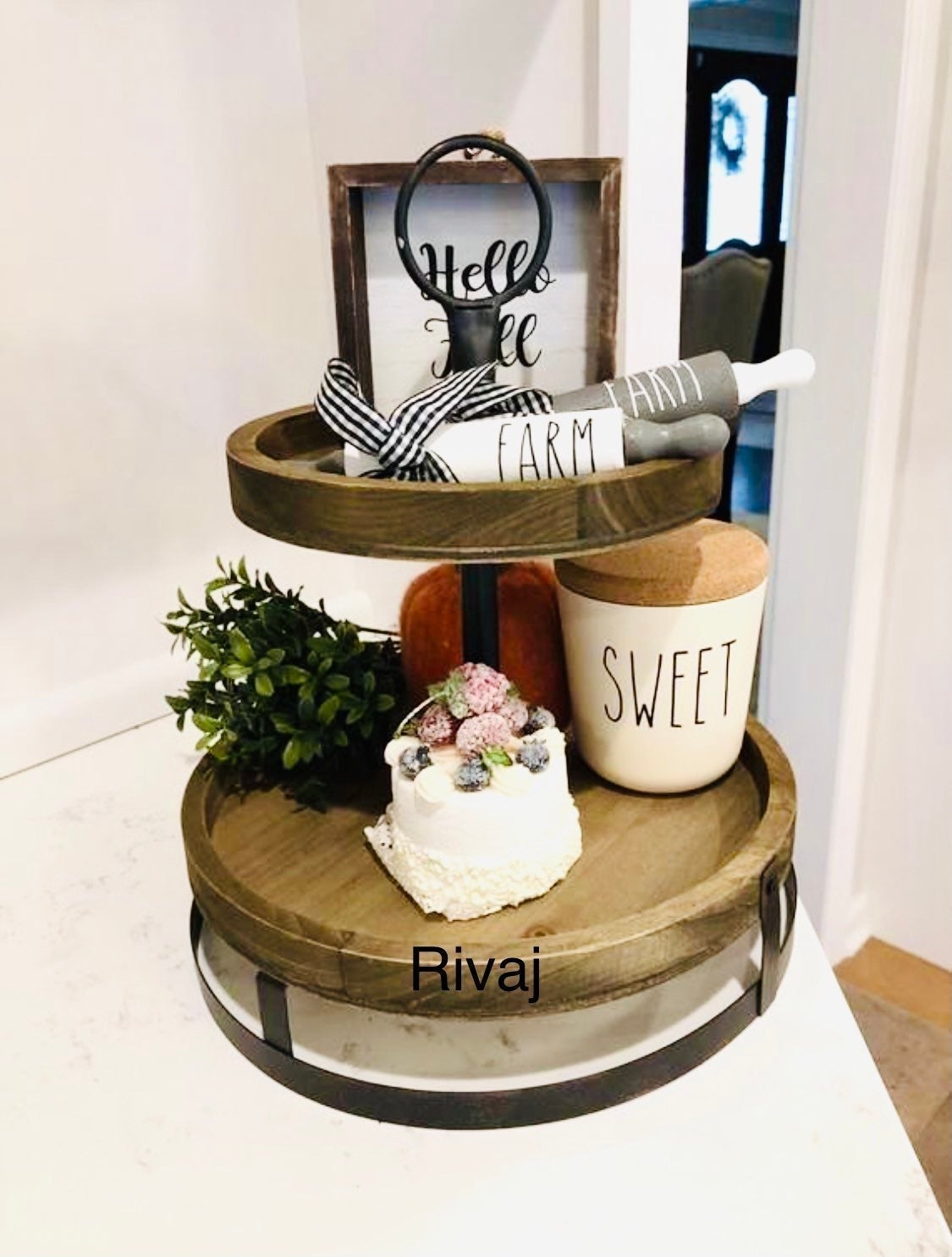 farmhouse wood two tiered tray