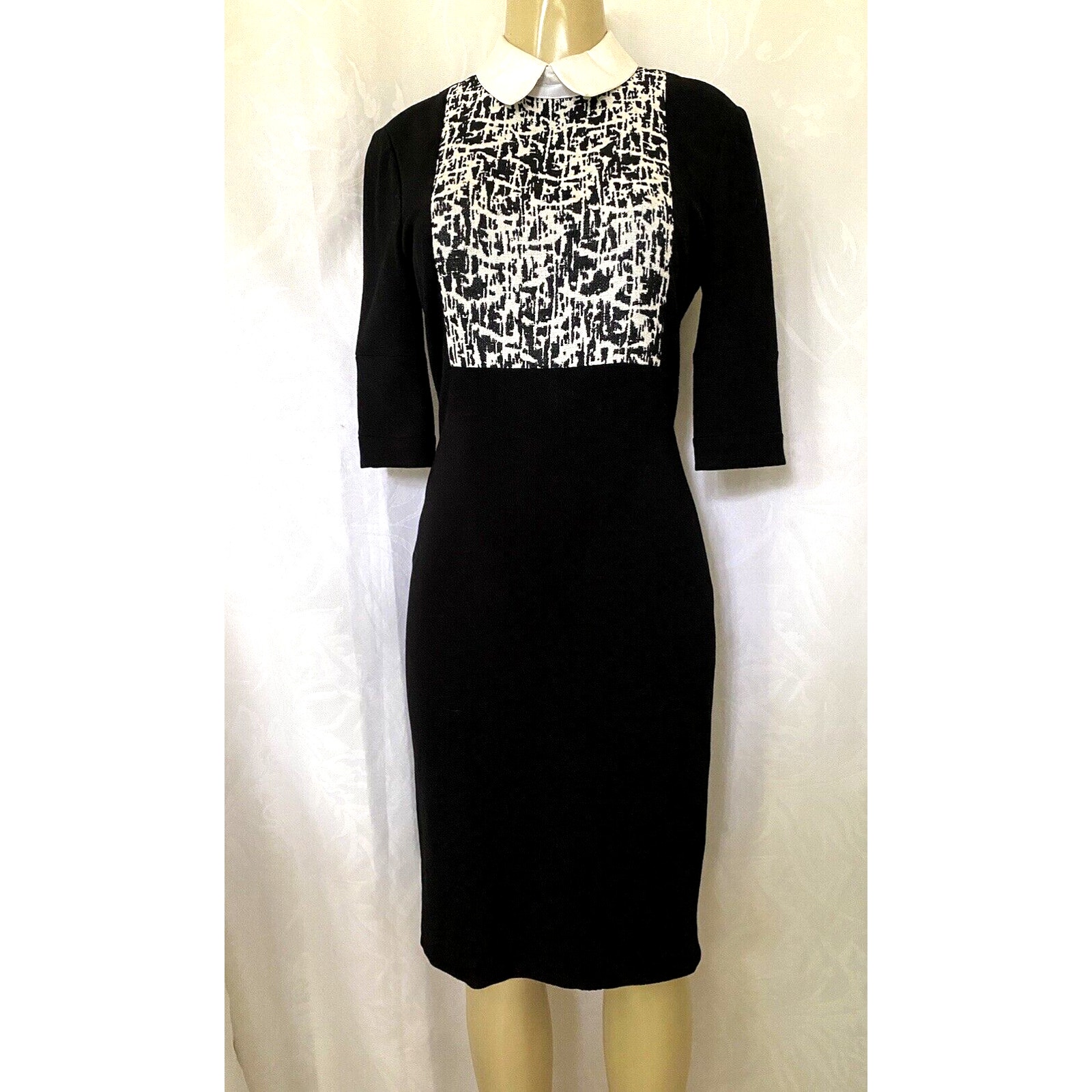 Jason Wu Dress Sheath Black Midi Half Sleeve Lined Collar Back Zip 8 M