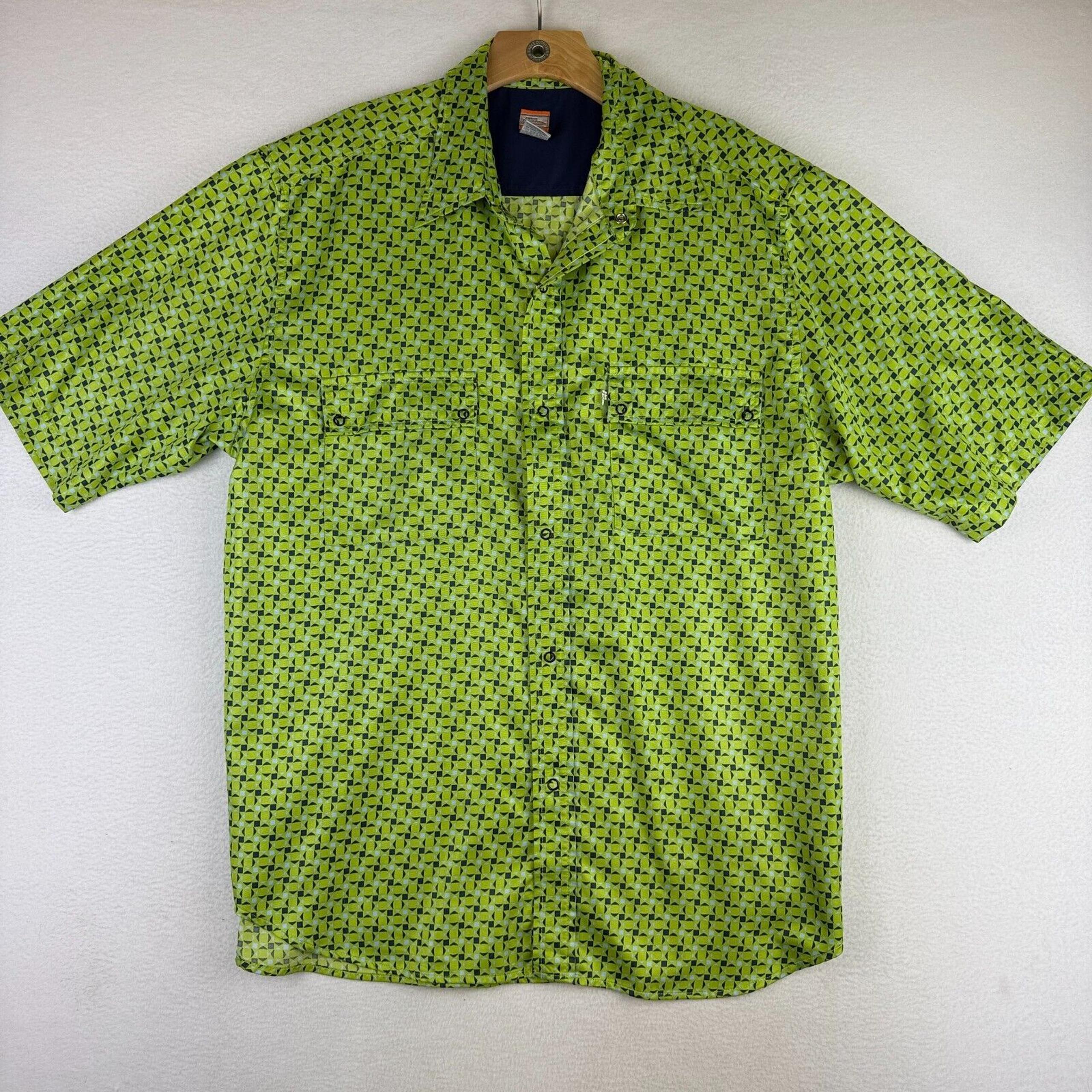 Vintage No Fear Shirt Men Large Green Geometric Snap Button Up Skater Y2K Casual