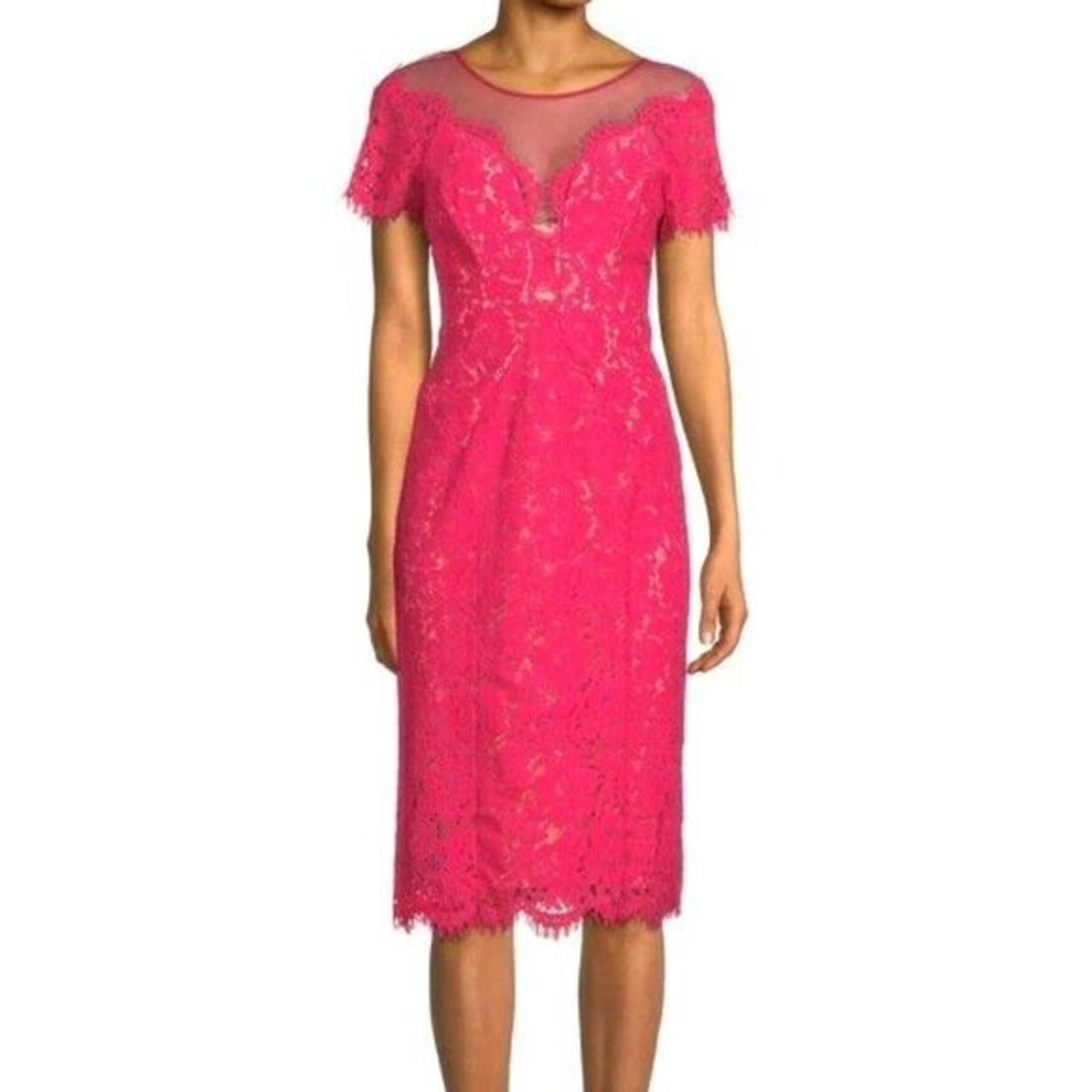 Rene Ruiz Pink Lace Illusion Sheath Short Sleeve Dress