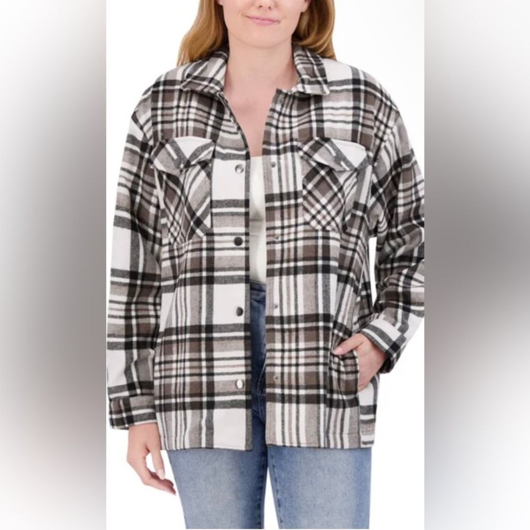 HFX Women’s Plaid Shacket (Brown) Medium EUC polyester/wool blend neutral color