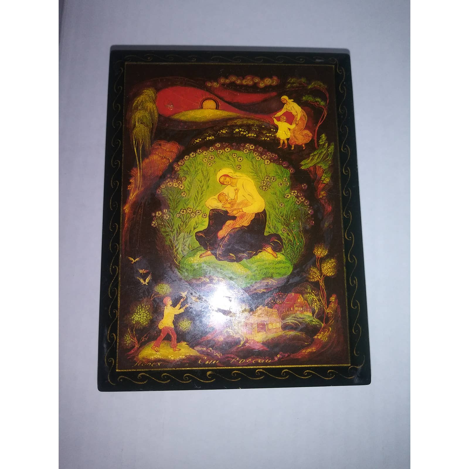 Vintage Black Lacquer Handpainted Trinket Jewelry Box