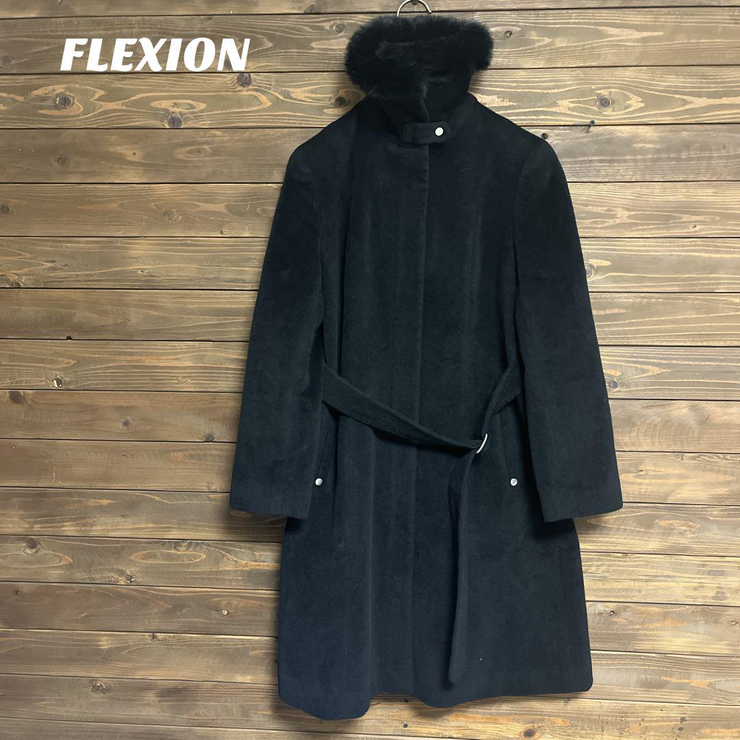 ♦︎【FLEXION】Black Long Coat with Rabbit Fur Trim, Size M