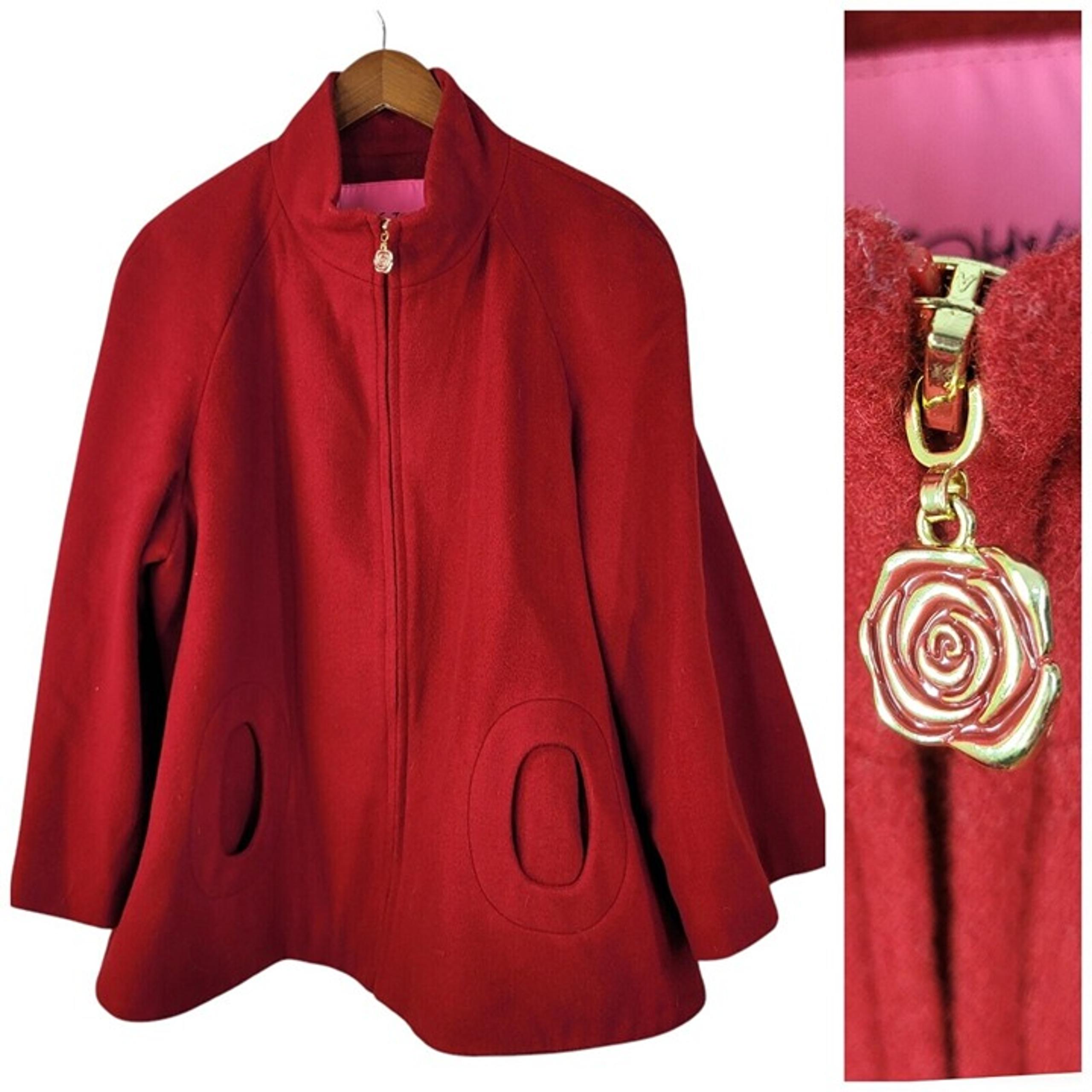 Betsey Johnson Cape Swing Coat XL Red Wool Full Zip Round Pockets Art To Wear