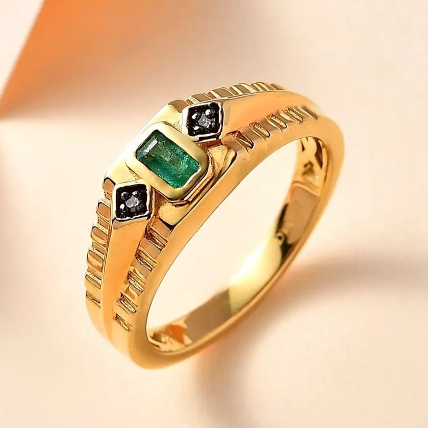 Natural AAA Emerald & Champagne Diamond Men's Ring in Yellow Gold over Sterling