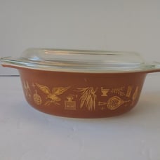 Vintage PYREX AMERICANA 1.5 QT Oval Casserole Dish w/ Lid 043 Brown & Gold Eagle