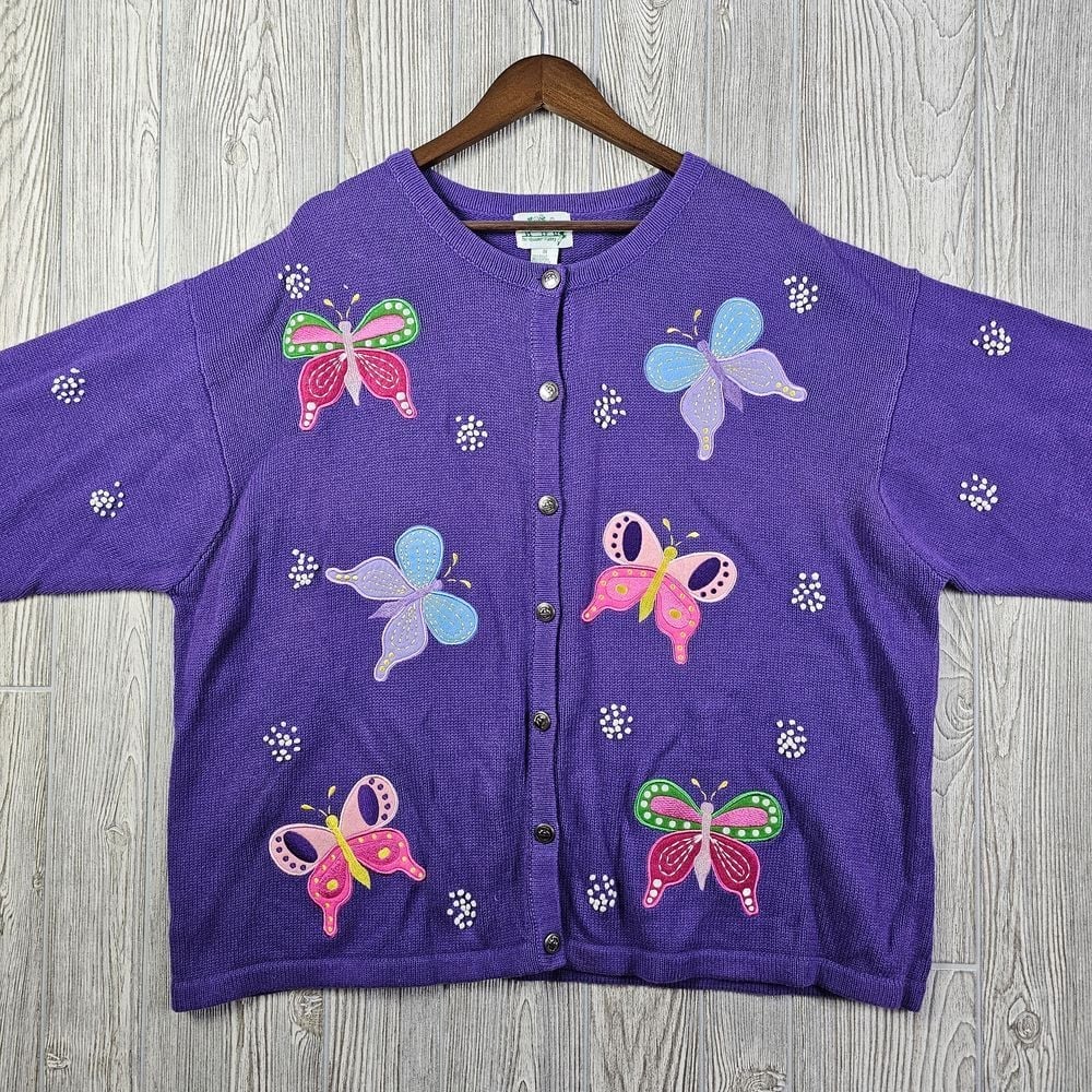 Quacker Factory Purple Butterfly Cardigan Sweater Embellished Button Front 3X
