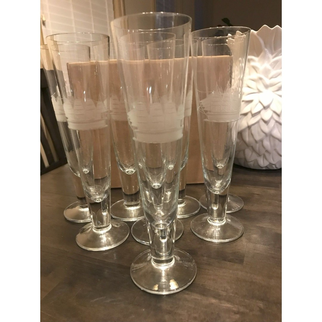 Barware: Pilsner Glasses (set/8): Toscany Etched Schooner Beer Glasses
