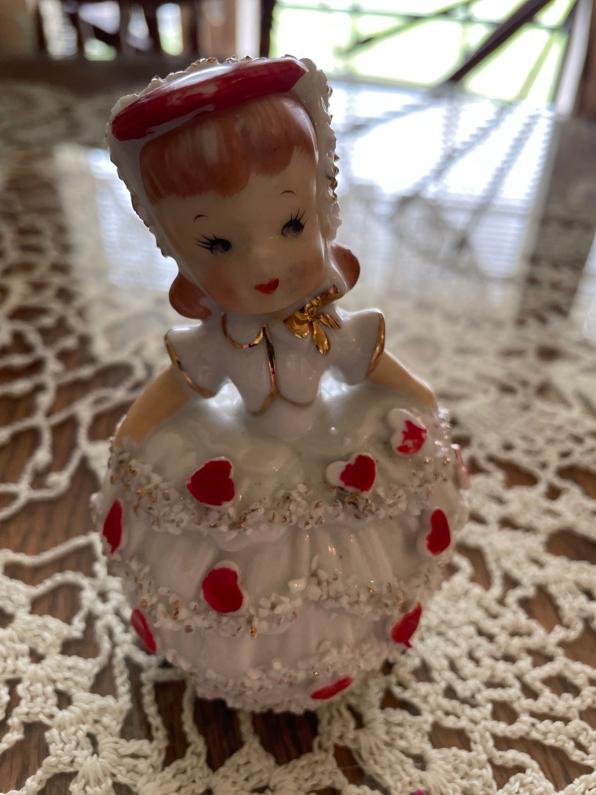 Vintage Napco Ceramic Valentine's Girl Figurine Bell Spaghetti Trim