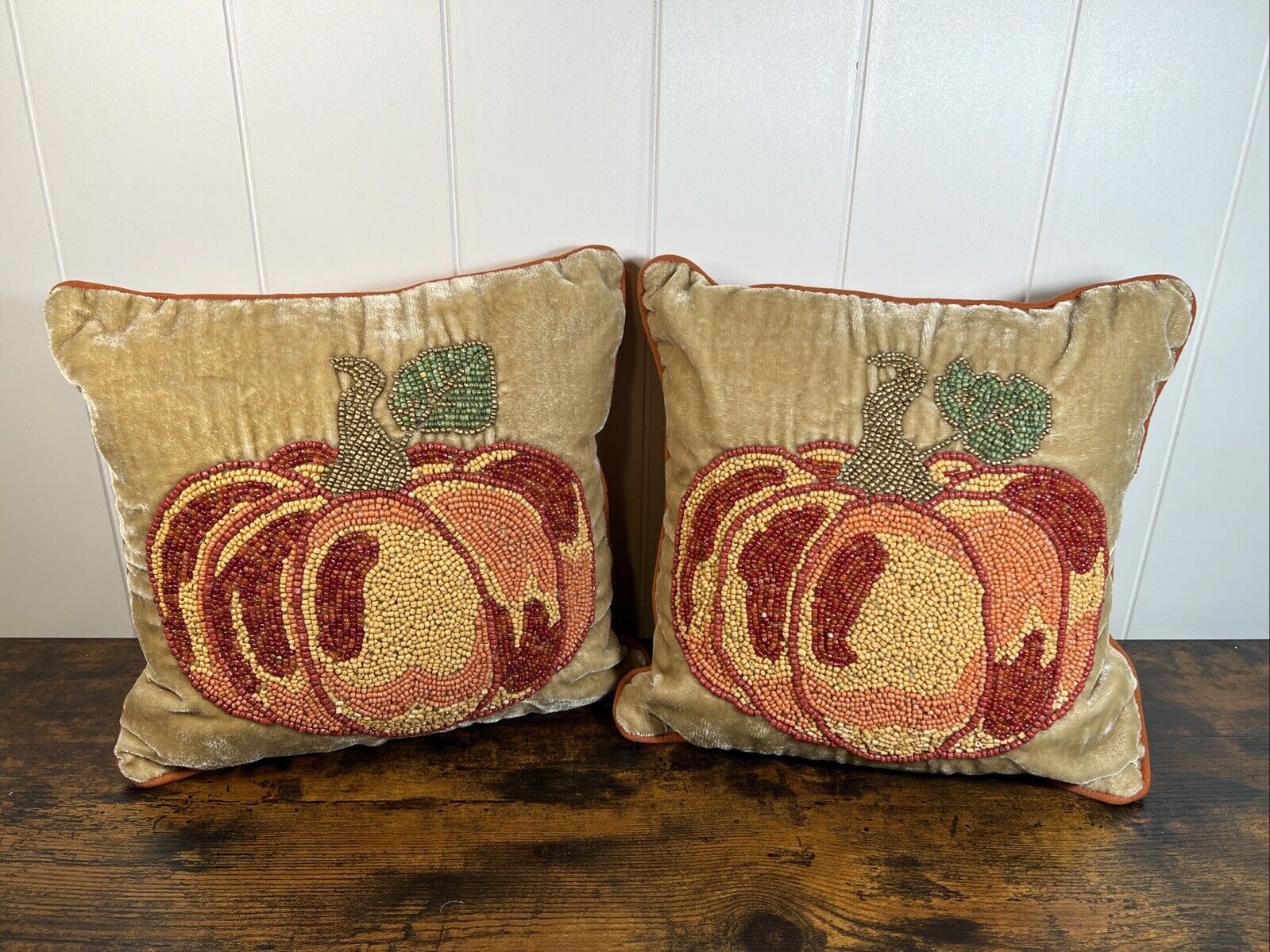 CUTE! Autumn Harvest Fall Pumpkin Beaded Throw Pillows 11 X11