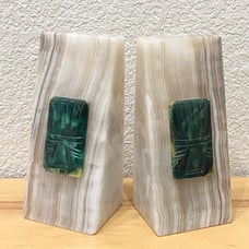 Pair Of Vintage Bookends White Onyx W/ Aztec Medallion Mayan Green Stone Emblem
