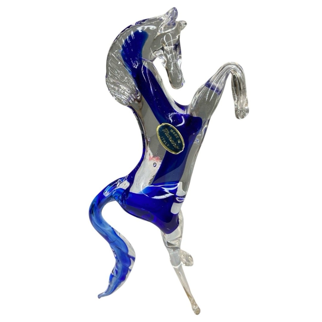Vintage Murano Figure Horse Hand Blown Blue & Clear Glass 6
