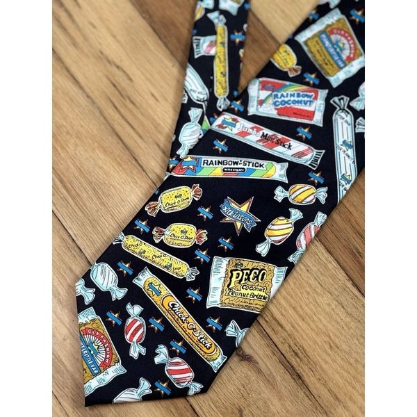 RARE! Atkinson’s Candy Necktie Tie 100% Silk Chick O Stick Rainbow Coconut Bar
