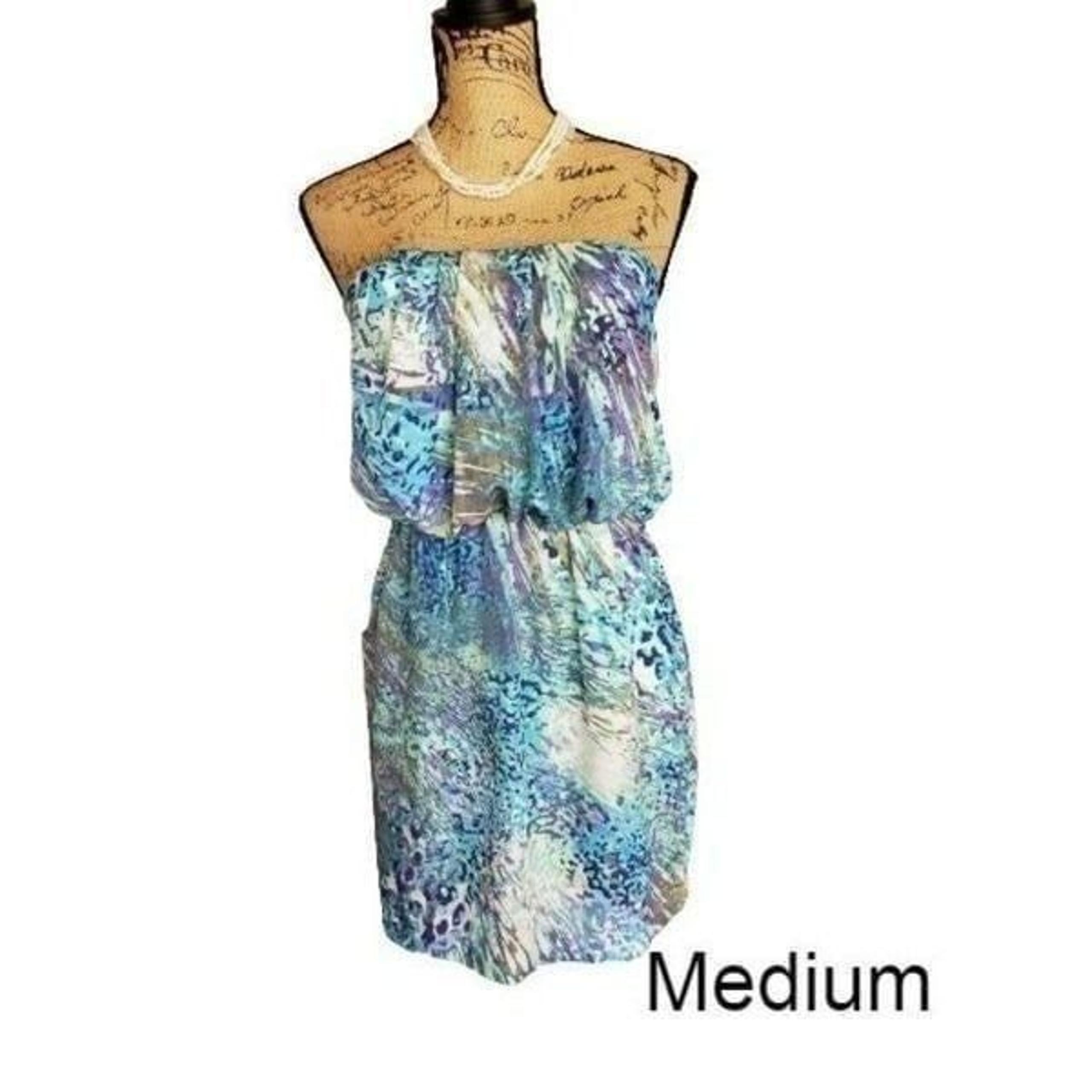 Women's Strapless Dress Blue Summer Skies Beach Print Medium NWOT