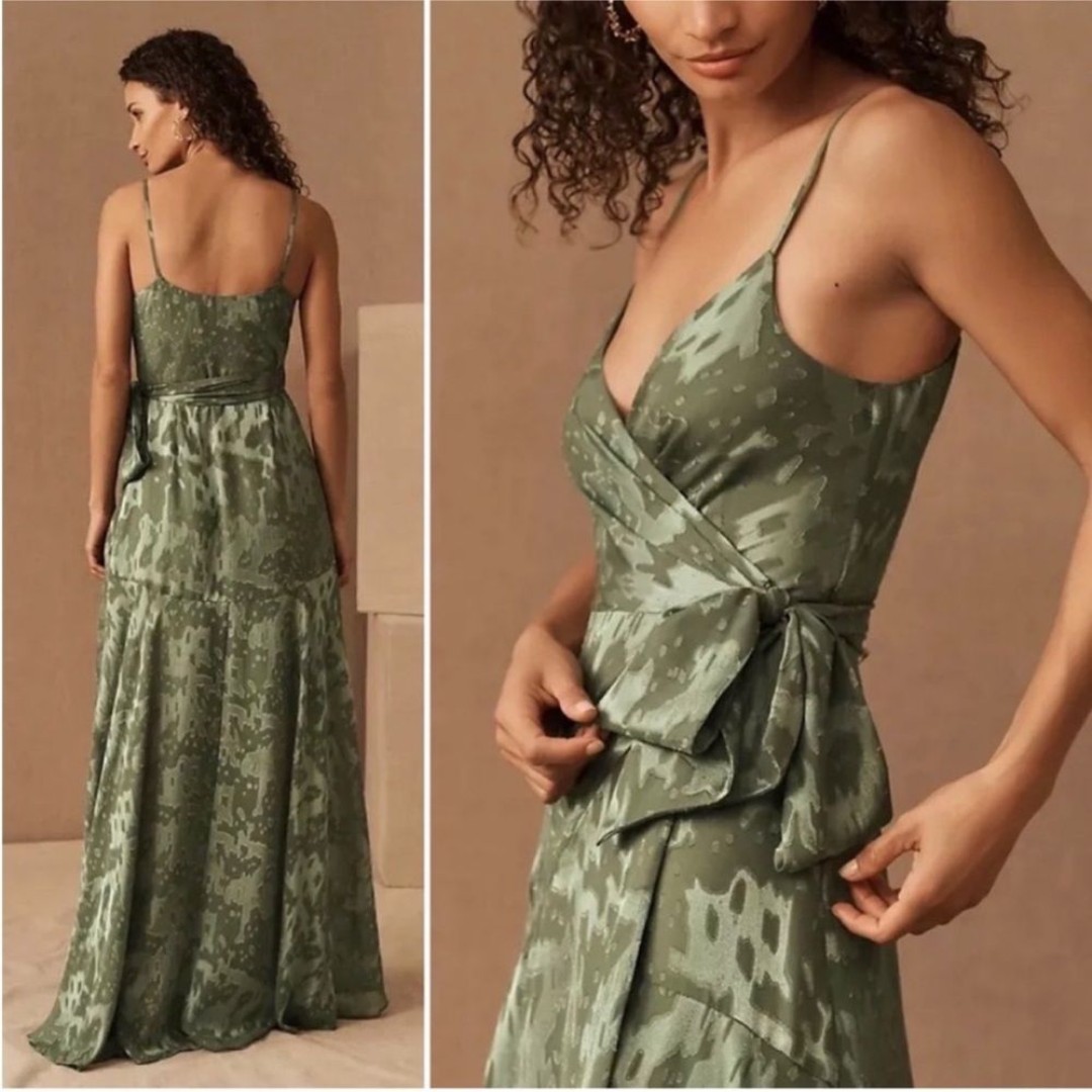 Hutch BHLDN Anthropologie Alden sage green floral satin maxi dress size M