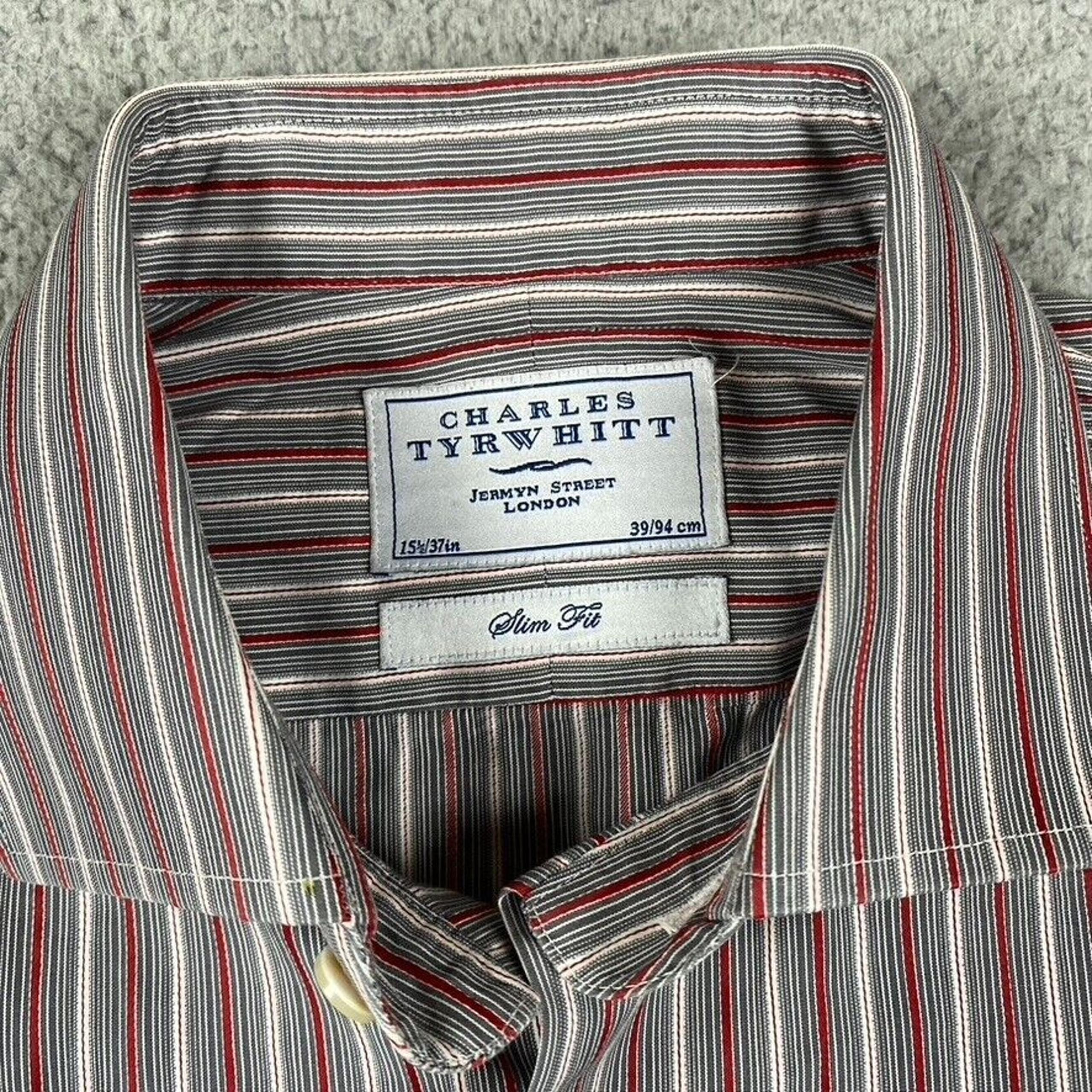 Charles Tyrwhitt Slim Fit Button Up Shirt Men's 15.5-37 Medium Red Gray Striped