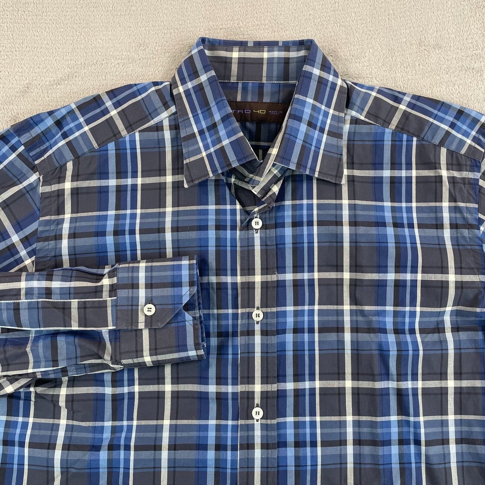 ETRO Dress Shirt Men 40 Blue Plaid Long Sleeve Designer Made in Italy 235
