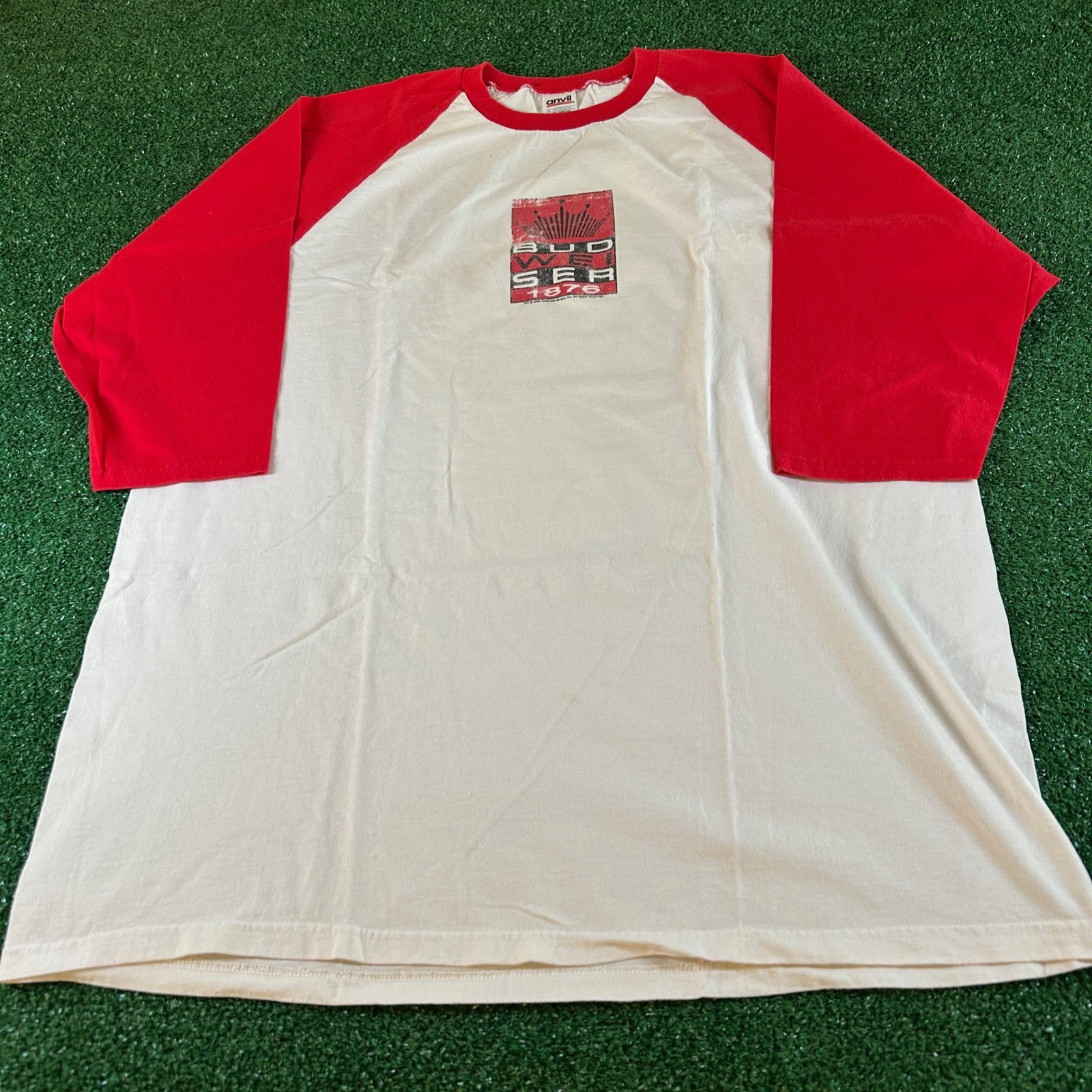 Vintage Anvil Budweiser Raglan T-Shirt Graphic Tee Y2K 3/4 Sleeve Mens XXL 2XL