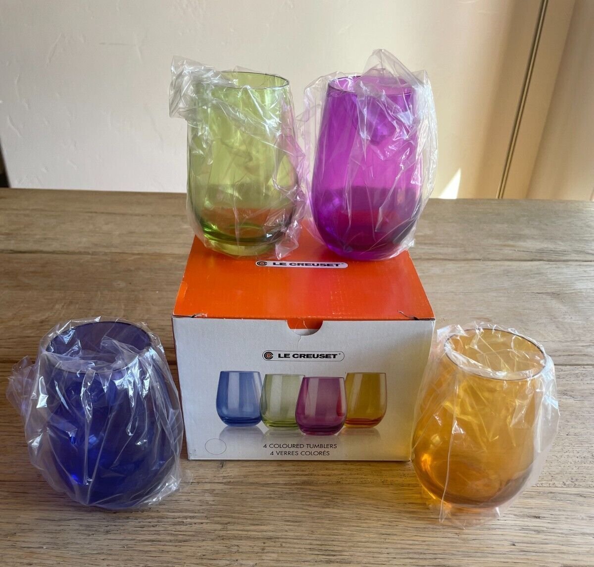 Le Creuset Colored Glass 15.5 oz Tumblers, Set of 4 NEW, NIB