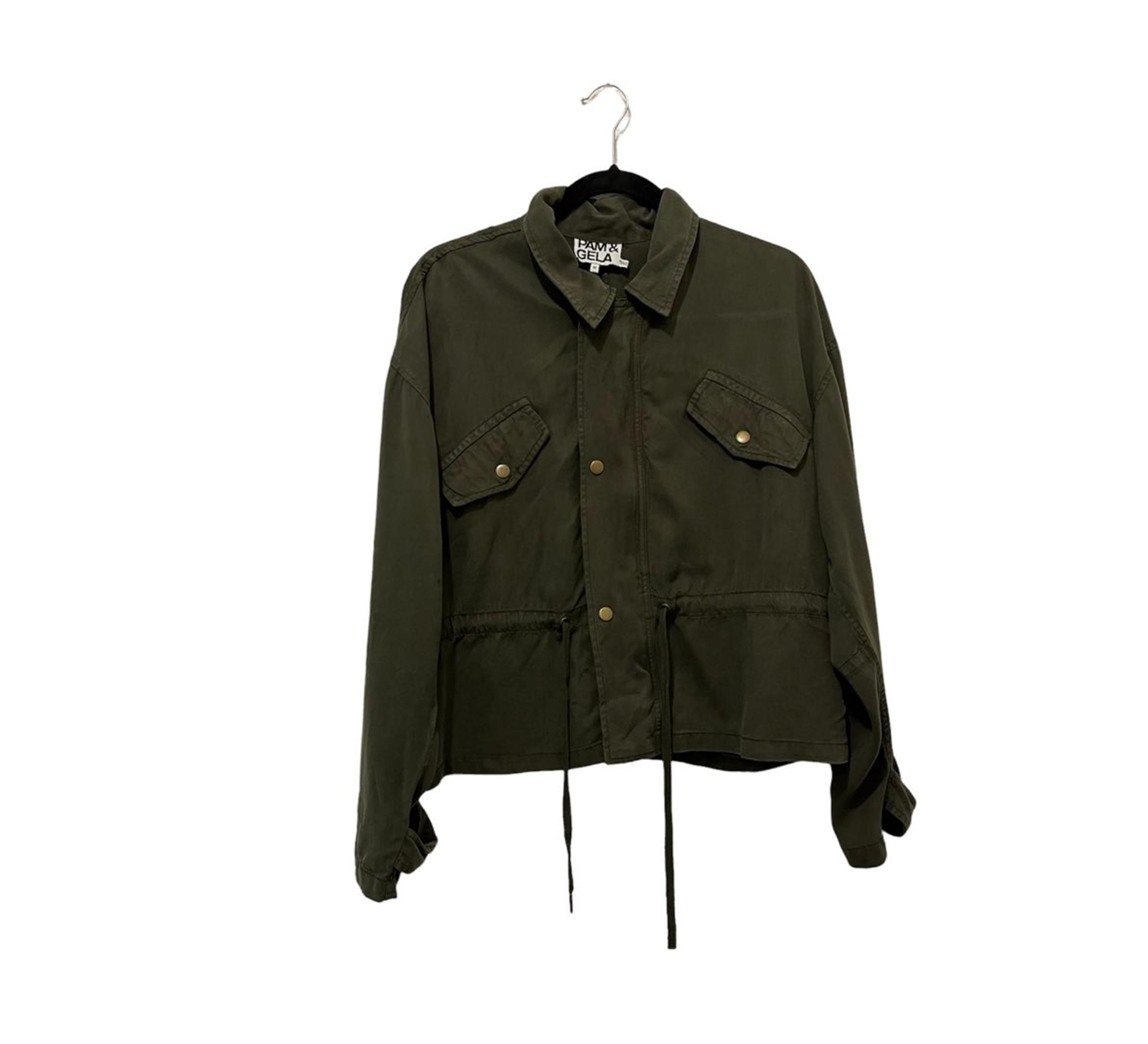 Pam & Gela Utility Cargo Military Jacket Army Green Zip Snap Button Womens Sz M